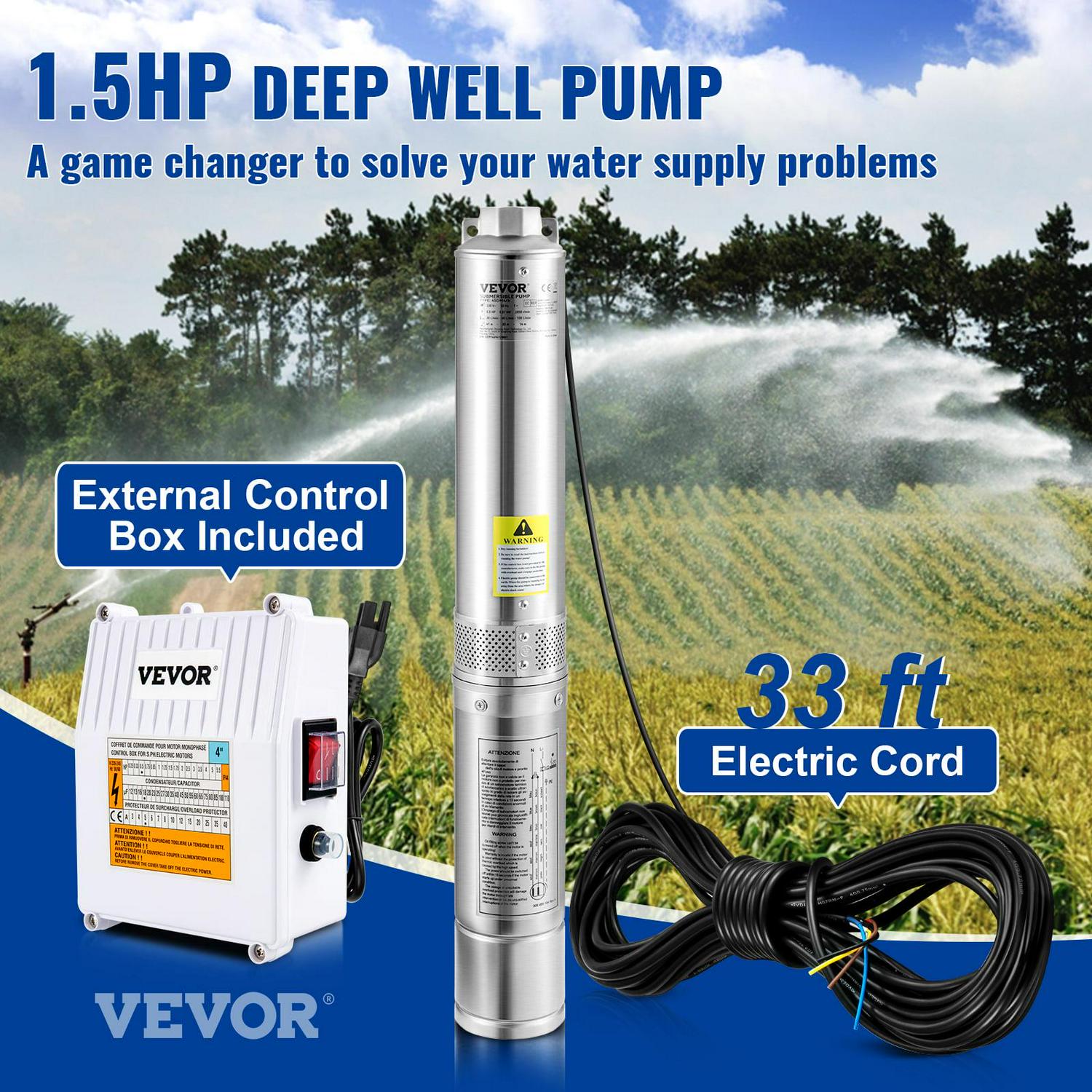 VEVORDeep Well Submersible Pump, 1.5HP 115V/60Hz, 37GPM 276ft Head, with 33 ft Cord & External Control Box, 4 inch Stainless Steel Water Pumps for Industrial, Irrigation and Home Use, IP68 Waterproof - Image 2