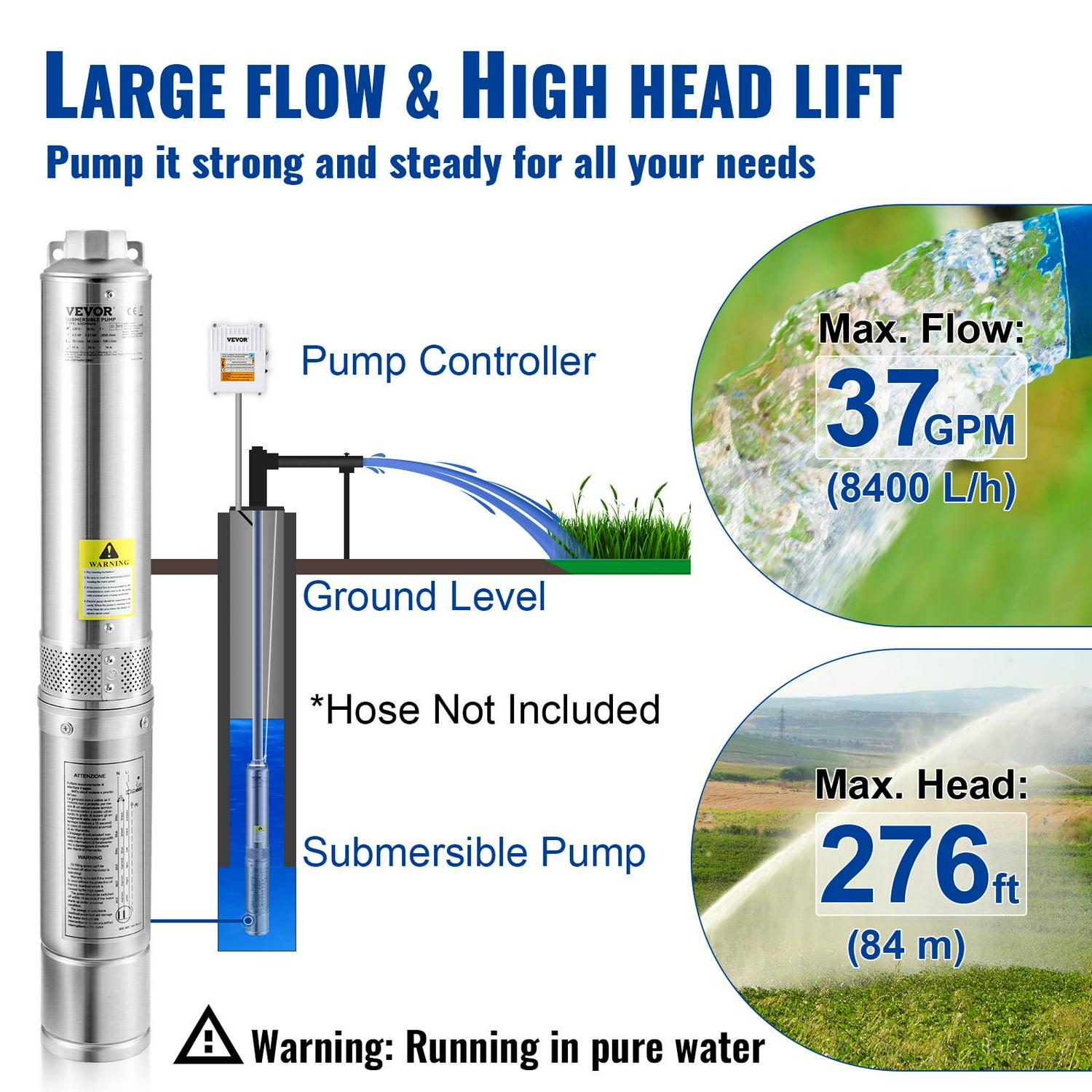 VEVORDeep Well Submersible Pump, 1.5HP 115V/60Hz, 37GPM 276ft Head, with 33 ft Cord & External Control Box, 4 inch Stainless Steel Water Pumps for Industrial, Irrigation and Home Use, IP68 Waterproof - Image 3