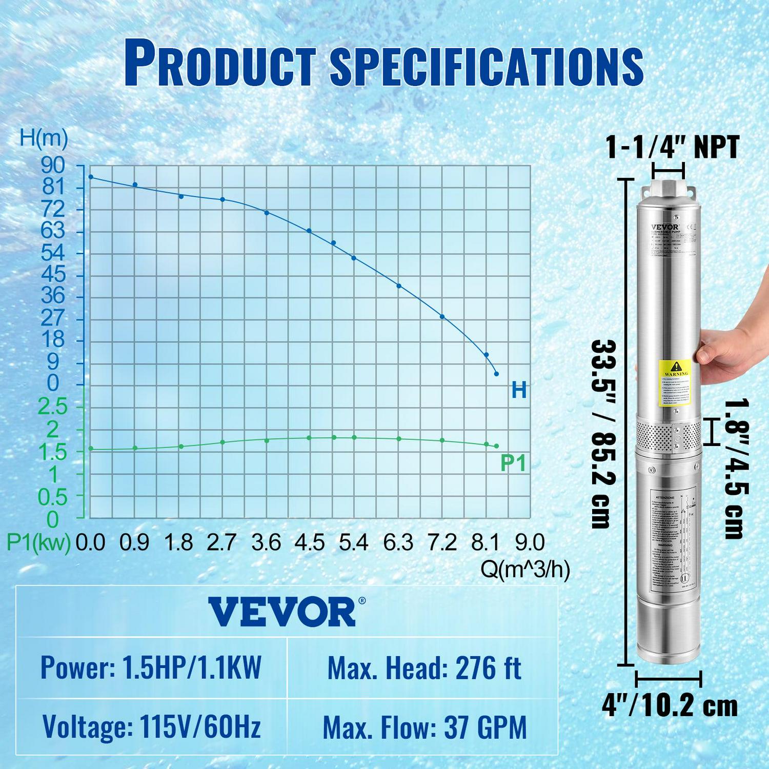 VEVORDeep Well Submersible Pump, 1.5HP 115V/60Hz, 37GPM 276ft Head, with 33 ft Cord & External Control Box, 4 inch Stainless Steel Water Pumps for Industrial, Irrigation and Home Use, IP68 Waterproof - Image 7