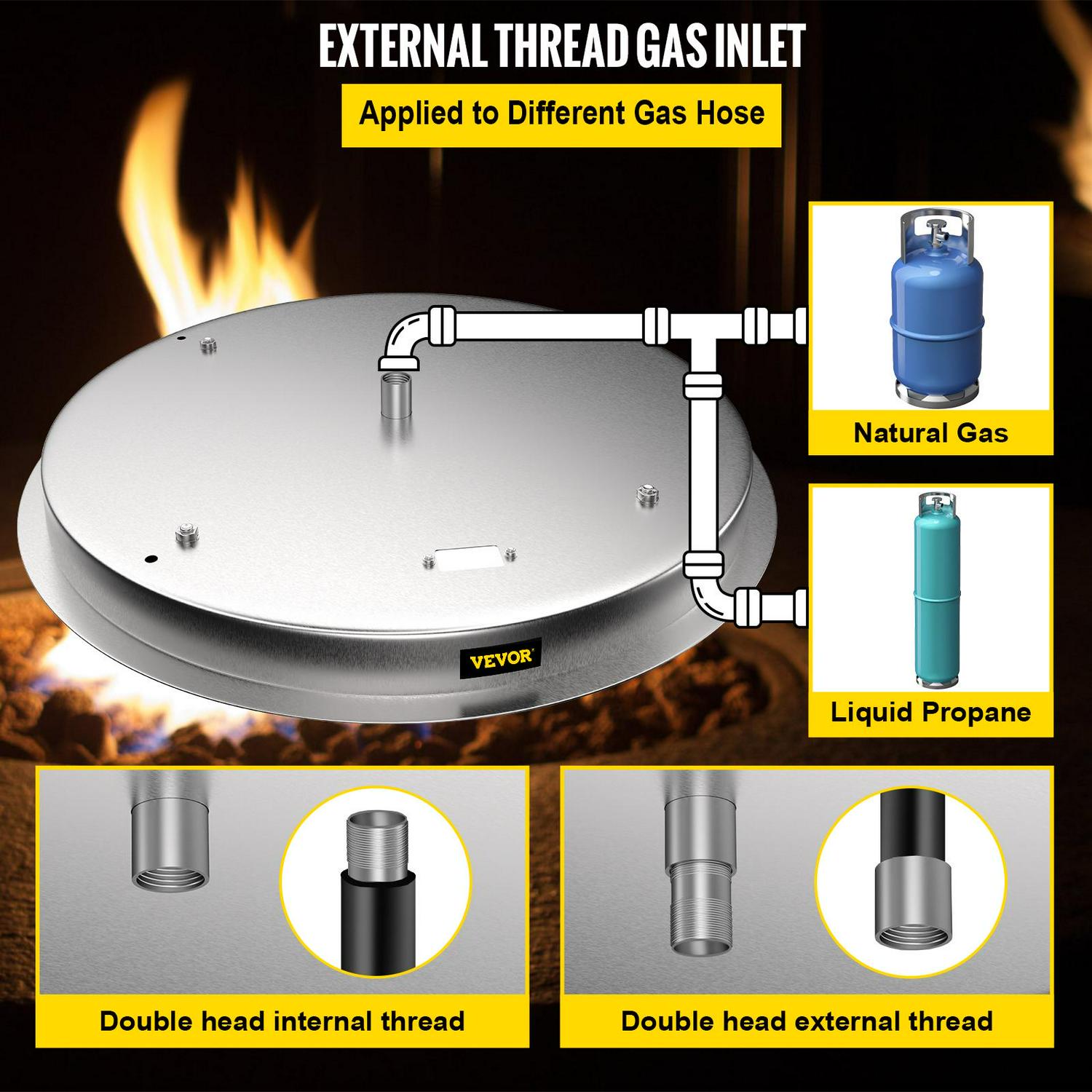 VEVOR Drop in Fire Pit Pan, 19" x 19" Round Fire Pit Burner, Stainless Steel Gas Fire Pan, Fire Pit Burner Pan with 1 Pack Volcanic Rock Fire Pit Insert with 90K BTU for Keeping Warm - Image 4