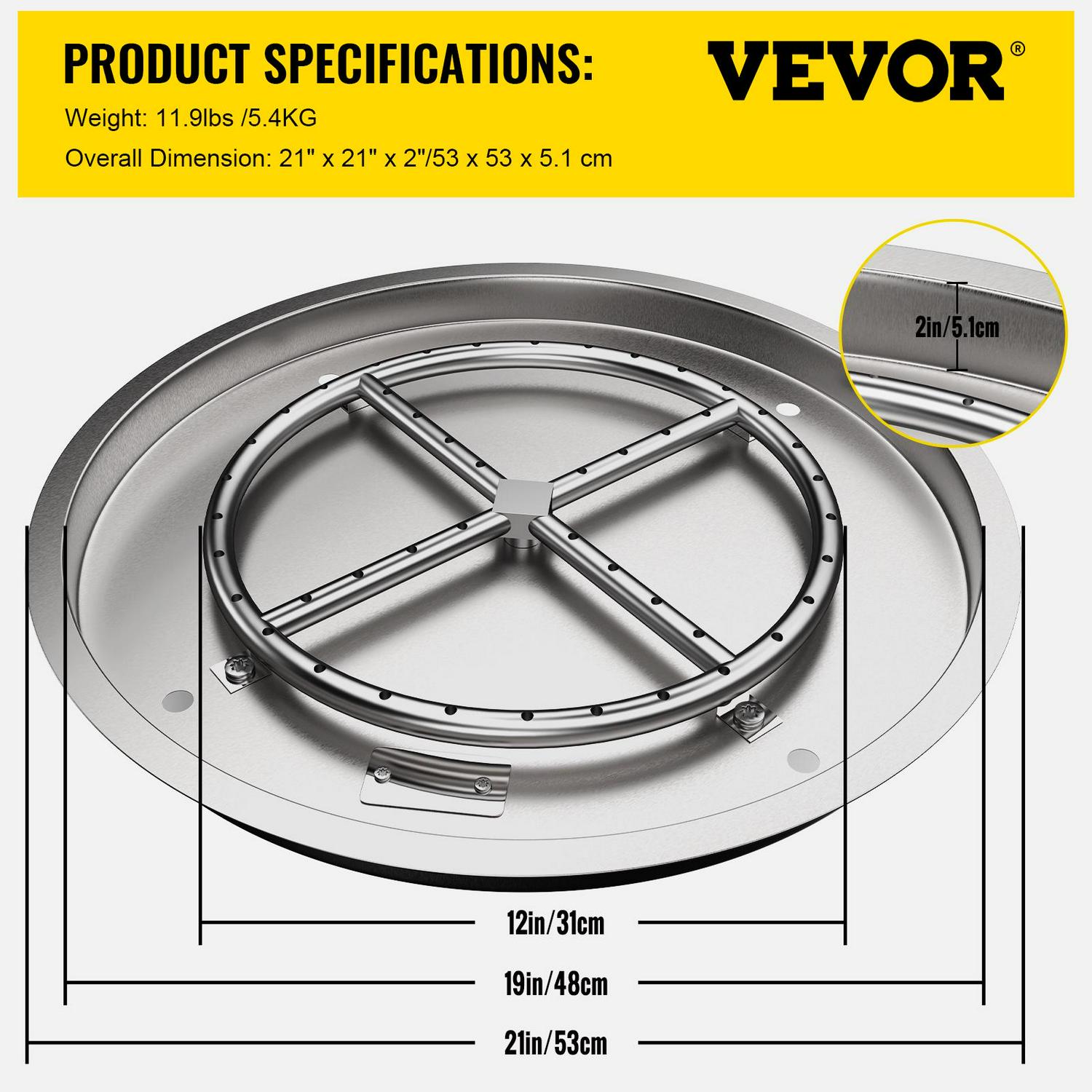 VEVOR Drop in Fire Pit Pan, 19" x 19" Round Fire Pit Burner, Stainless Steel Gas Fire Pan, Fire Pit Burner Pan with 1 Pack Volcanic Rock Fire Pit Insert with 90K BTU for Keeping Warm - Image 7