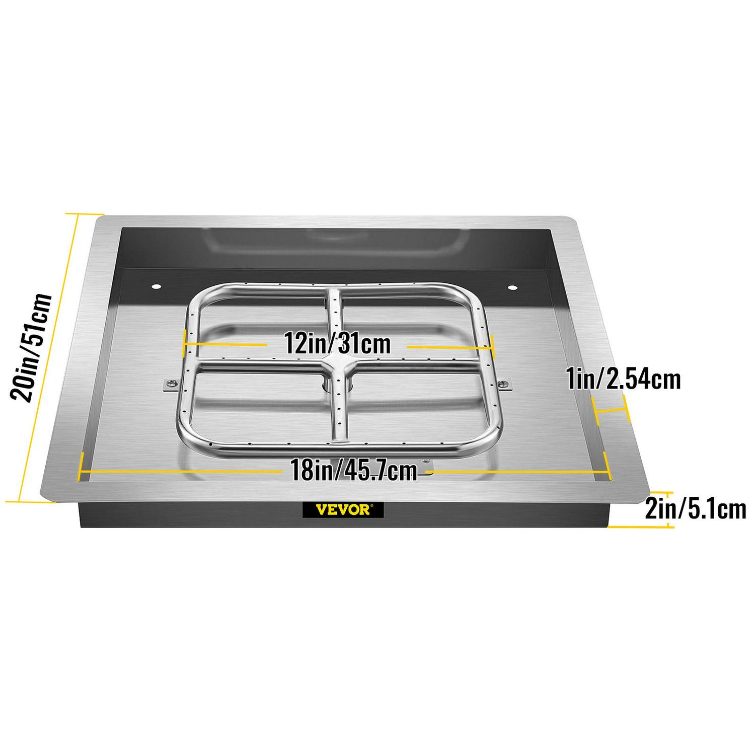 VEVOR Drop in Fire Pit Pan, 18" x 18" Square Fire Pit Burner, Stainless Steel Gas Fire Pan, Fire Pit Burner Pan with 1 Pack Volcanic Rock Fire Pit Insert with 90K BTU for Keeping Warm - Image 8