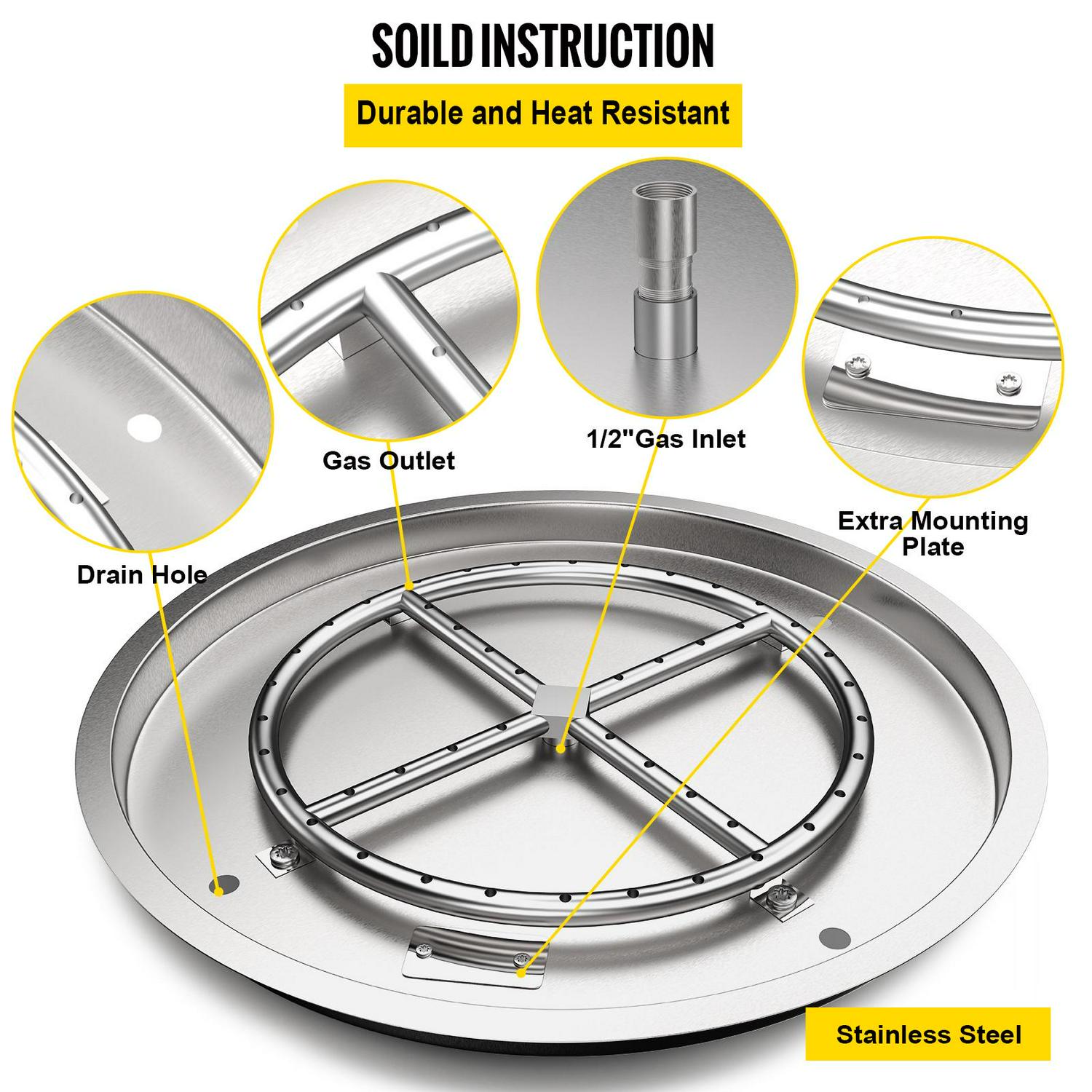 VEVOR Drop in Fire Pit Pan, 19" x 19" Round Fire Pit Burner, Stainless Steel Gas Fire Pan, Fire Pit Burner Pan with 1 Pack Volcanic Rock Fire Pit Insert with 90K BTU for Keeping Warm - Image 5