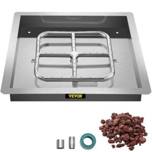 VEVOR Drop in Fire Pit Pan, 18" x 18" Square Fire Pit Burner, Stainless Steel Gas Fire Pan, Fire Pit Burner Pan with 1 Pack Volcanic Rock Fire Pit Insert with 90K BTU for Keeping Warm