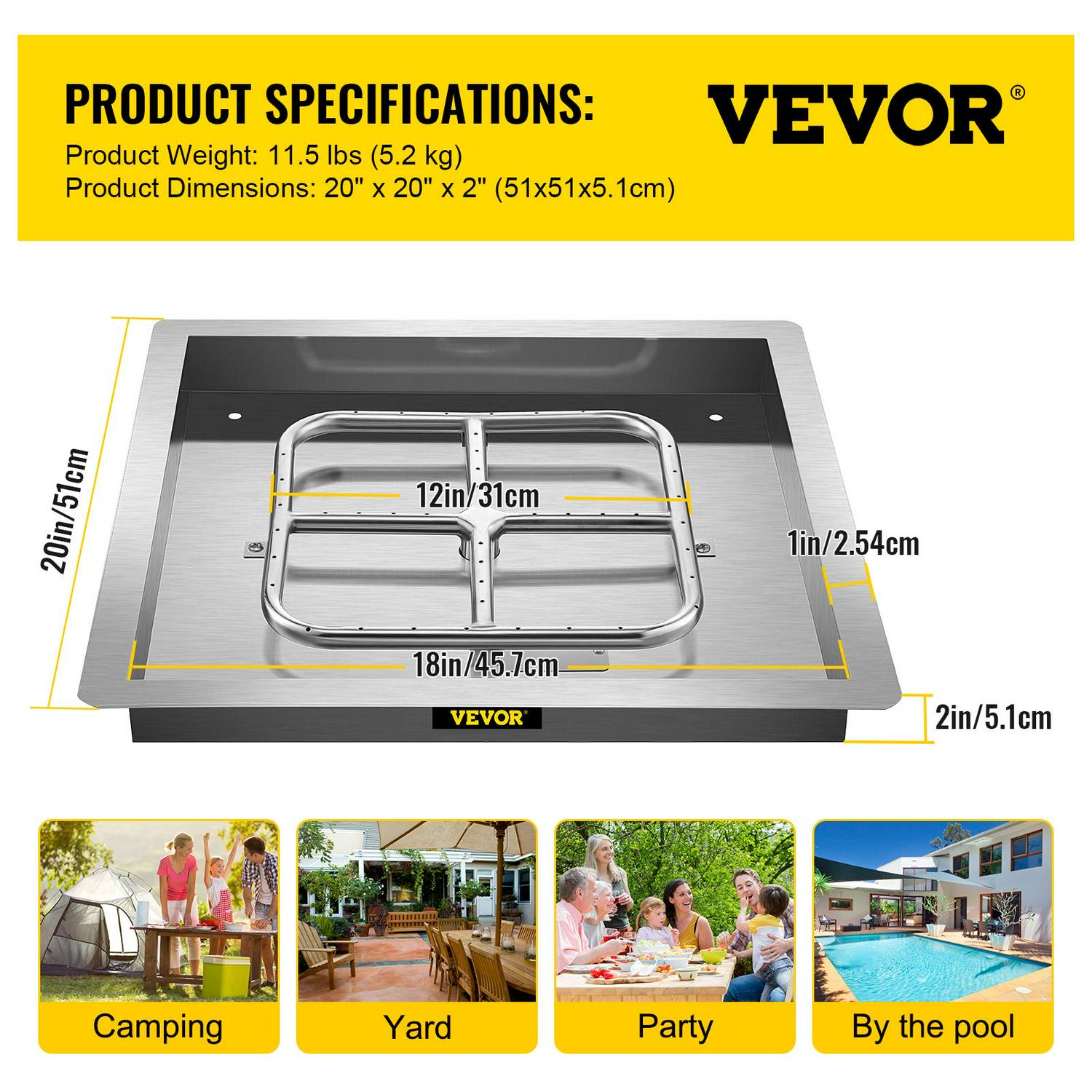VEVOR Drop in Fire Pit Pan, 18" x 18" Square Fire Pit Burner, Stainless Steel Gas Fire Pan, Fire Pit Burner Pan with 1 Pack Volcanic Rock Fire Pit Insert with 90K BTU for Keeping Warm - Image 7