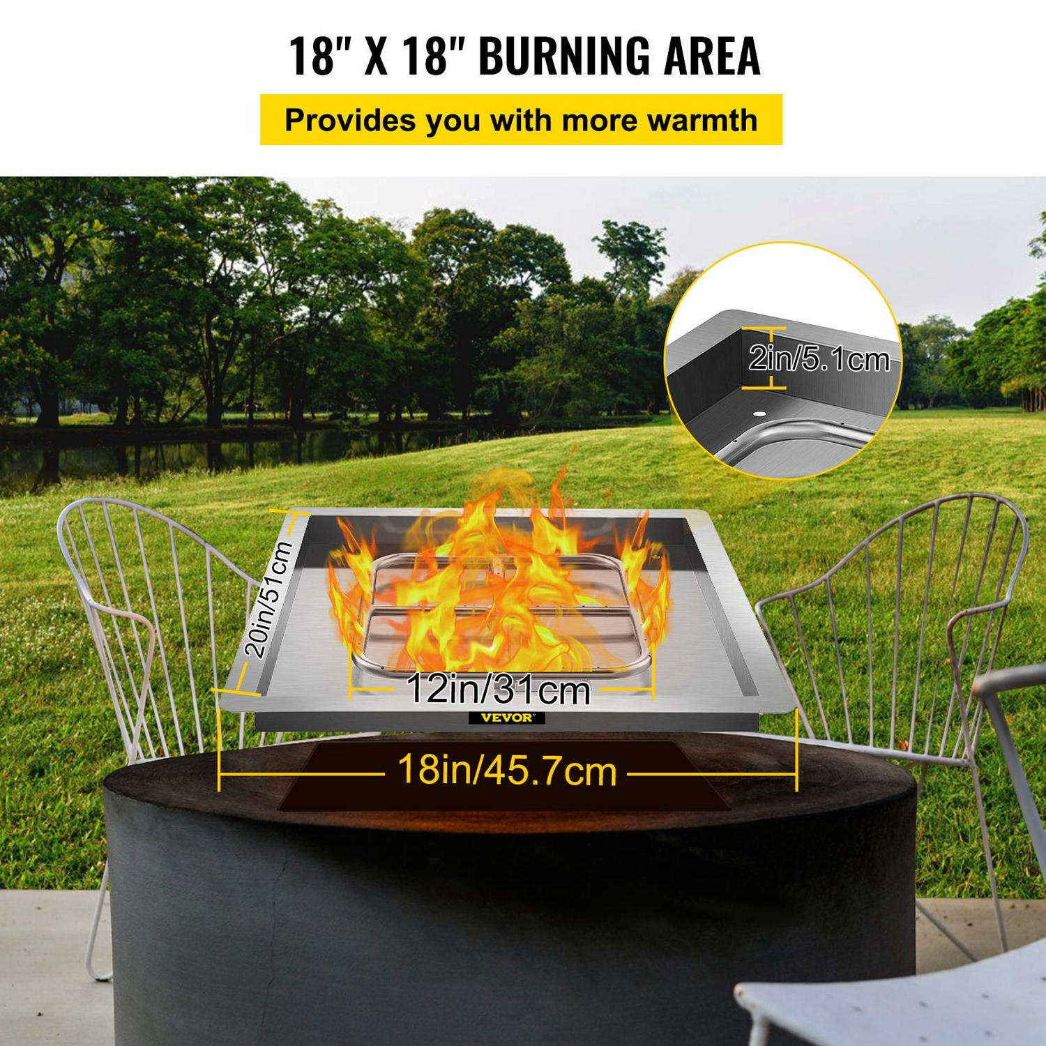 VEVOR Drop in Fire Pit Pan, 18" x 18" Square Fire Pit Burner, Stainless Steel Gas Fire Pan, Fire Pit Burner Pan with 1 Pack Volcanic Rock Fire Pit Insert with 90K BTU for Keeping Warm - Image 3