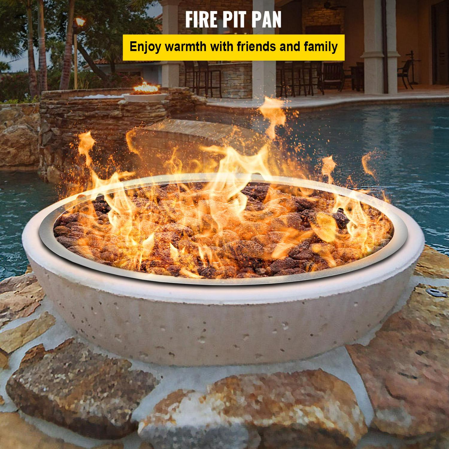VEVOR Drop in Fire Pit Pan, 19" x 19" Round Fire Pit Burner, Stainless Steel Gas Fire Pan, Fire Pit Burner Pan with 1 Pack Volcanic Rock Fire Pit Insert with 90K BTU for Keeping Warm - Image 2