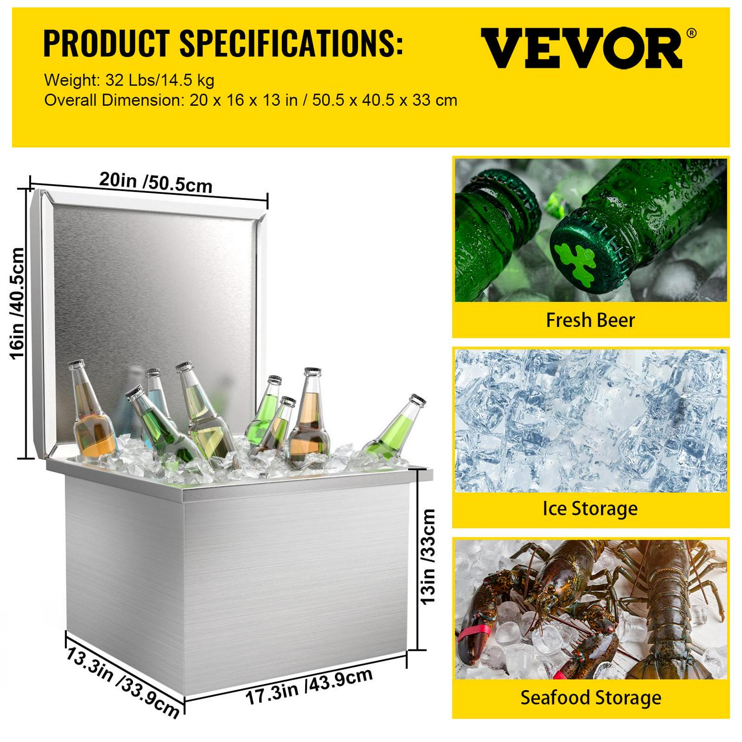 VEVOR Drop in Ice Bin Chest 20x16x13 inch Drop in Cooler Stainless Steel Outdoor Drop in Ice Chest with Cover Bar Ice Bin 40.9 qt Drop in Wine Drops Drain-pipe and Drain Plug Included - Image 7