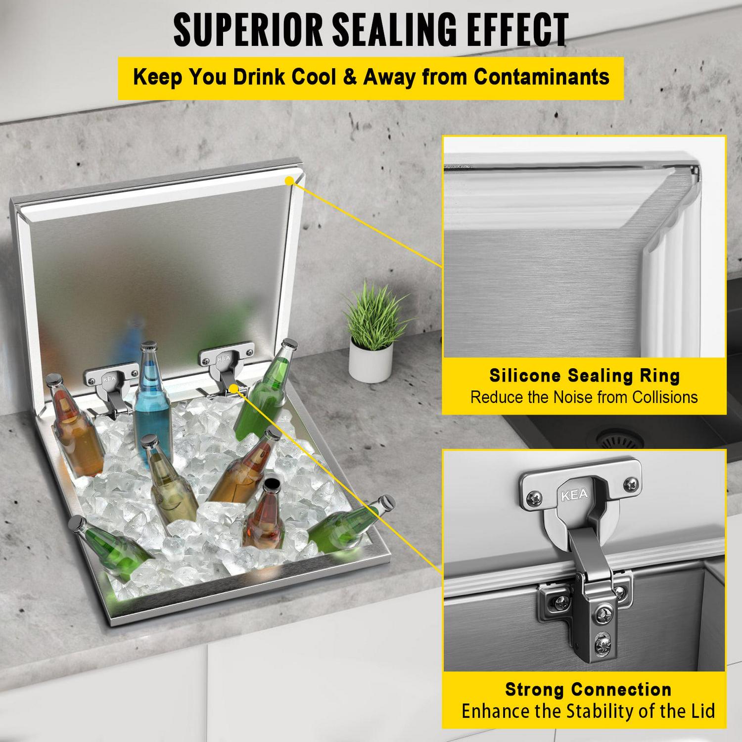 VEVOR Drop in Ice Bin Chest 20x16x13 inch Drop in Cooler Stainless Steel Outdoor Drop in Ice Chest with Cover Bar Ice Bin 40.9 qt Drop in Wine Drops Drain-pipe and Drain Plug Included - Image 6