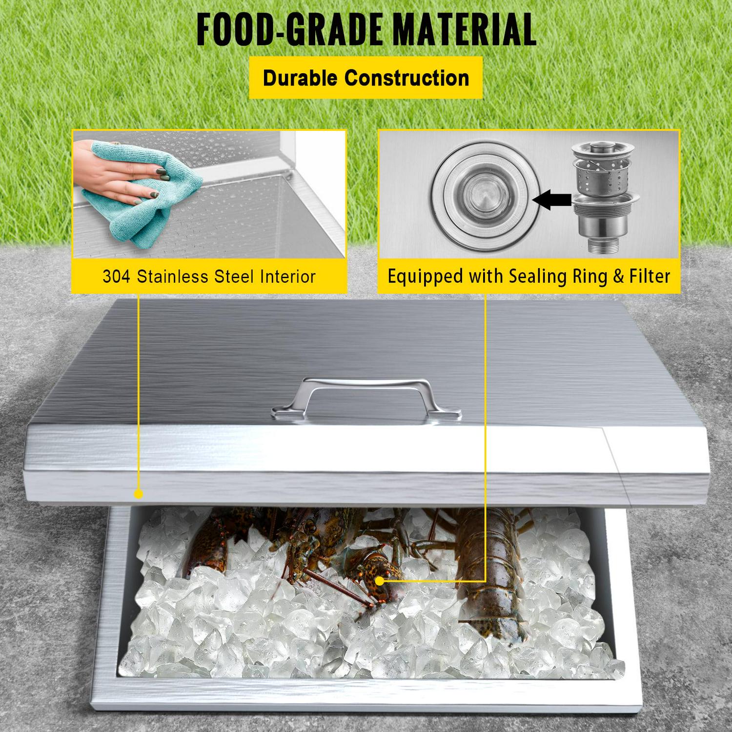 VEVOR Drop in Ice Bin Chest 20x16x13 inch Drop in Cooler Stainless Steel Outdoor Drop in Ice Chest with Cover Bar Ice Bin 40.9 qt Drop in Wine Drops Drain-pipe and Drain Plug Included - Image 5