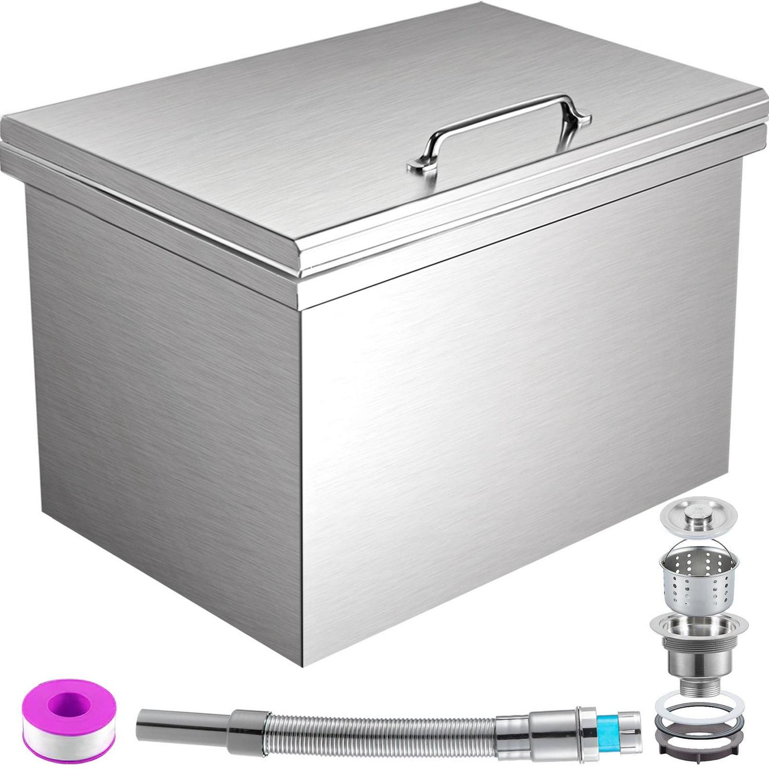 VEVOR Drop in Ice Bin Chest 20x16x13 inch Drop in Cooler Stainless Steel Outdoor Drop in Ice Chest with Cover Bar Ice Bin 40.9 qt Drop in Wine Drops Drain-pipe and Drain Plug Included