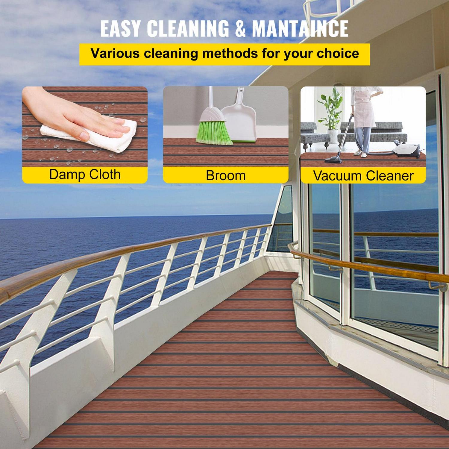 VEVOR EVA Foam Faux Teak Boat Decking Sheet 94.5 In. x 47.2 In.6 mm Thick Non-Skid Self-Adhesive for Marine Yacht RV Swimming Pool Garden Boat Flooring Sheet Dark Brown + Black Seam, Boat Accessories - Image 6