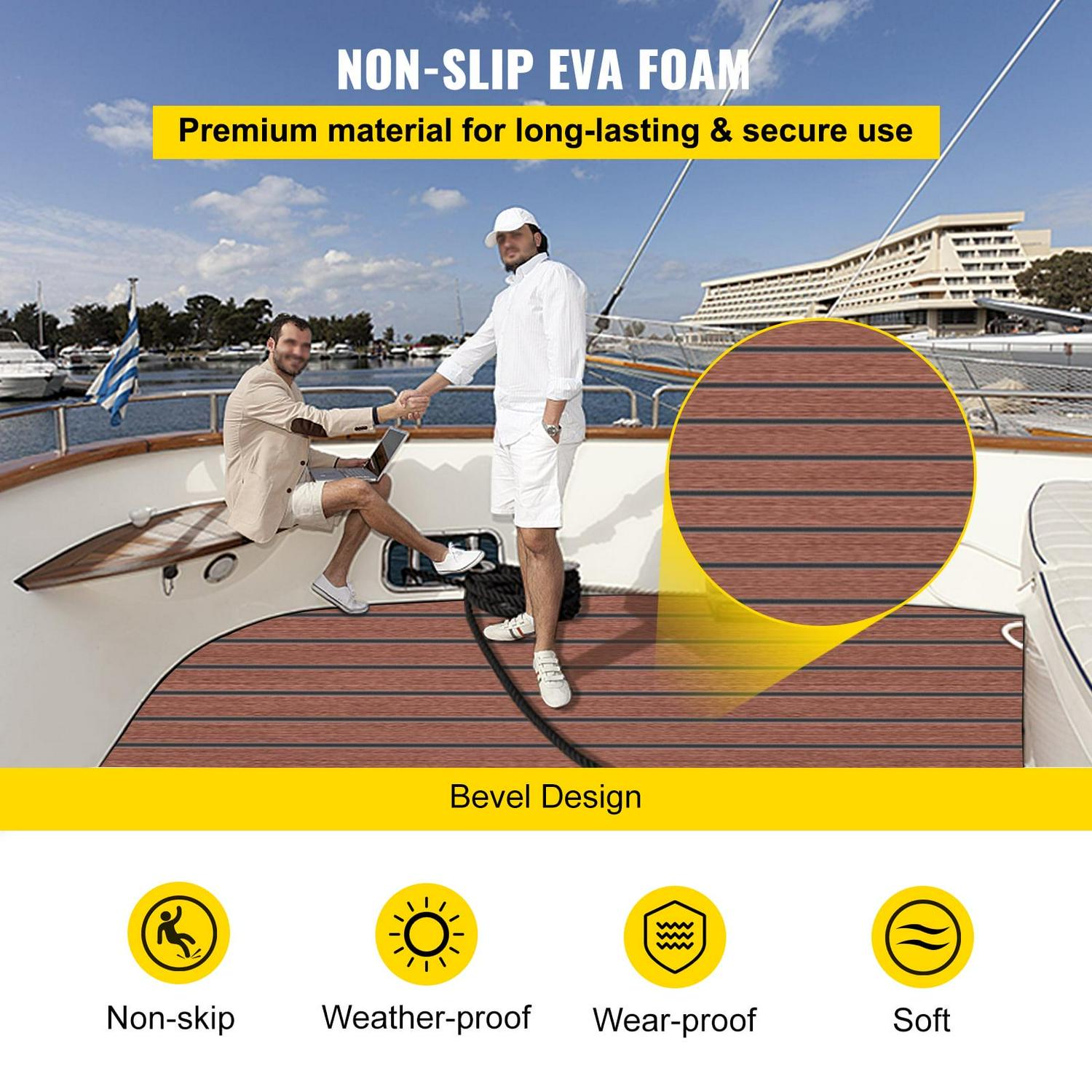 VEVOR EVA Foam Faux Teak Boat Decking Sheet 94.5 In. x 47.2 In.6 mm Thick Non-Skid Self-Adhesive for Marine Yacht RV Swimming Pool Garden Boat Flooring Sheet Dark Brown + Black Seam, Boat Accessories - Image 3
