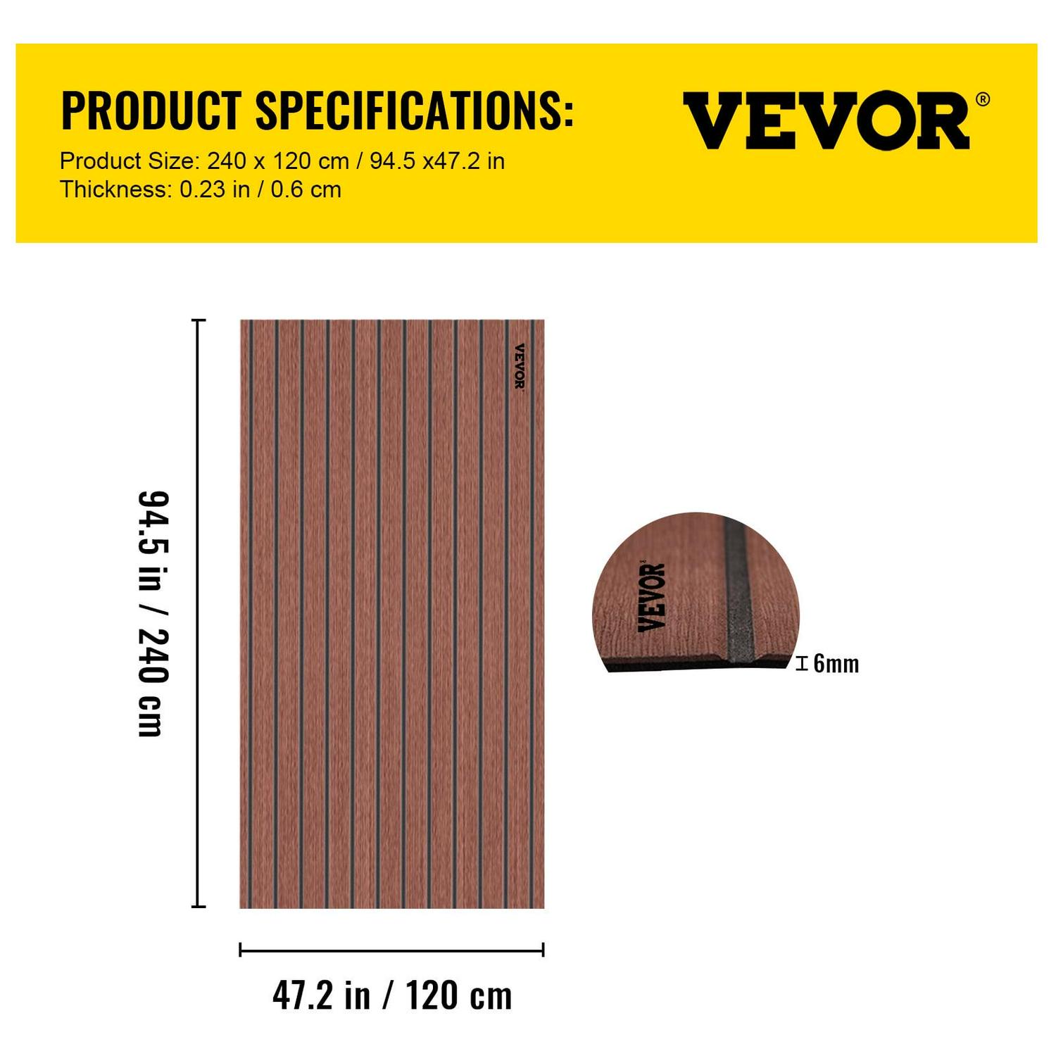 VEVOR EVA Foam Faux Teak Boat Decking Sheet 94.5 In. x 47.2 In.6 mm Thick Non-Skid Self-Adhesive for Marine Yacht RV Swimming Pool Garden Boat Flooring Sheet Dark Brown + Black Seam, Boat Accessories - Image 7