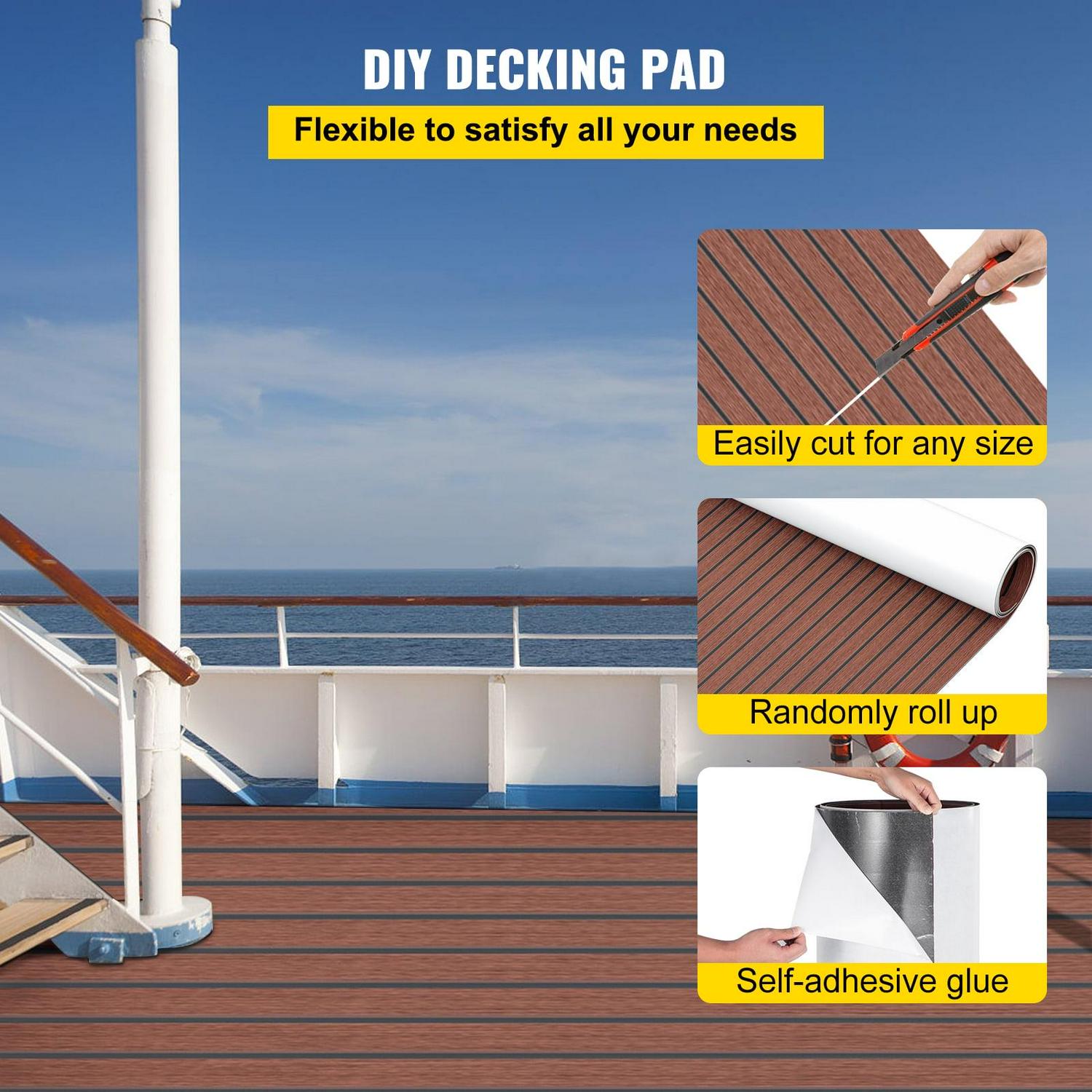 VEVOR EVA Foam Faux Teak Boat Decking Sheet 94.5 In. x 47.2 In.6 mm Thick Non-Skid Self-Adhesive for Marine Yacht RV Swimming Pool Garden Boat Flooring Sheet Dark Brown + Black Seam, Boat Accessories - Image 4
