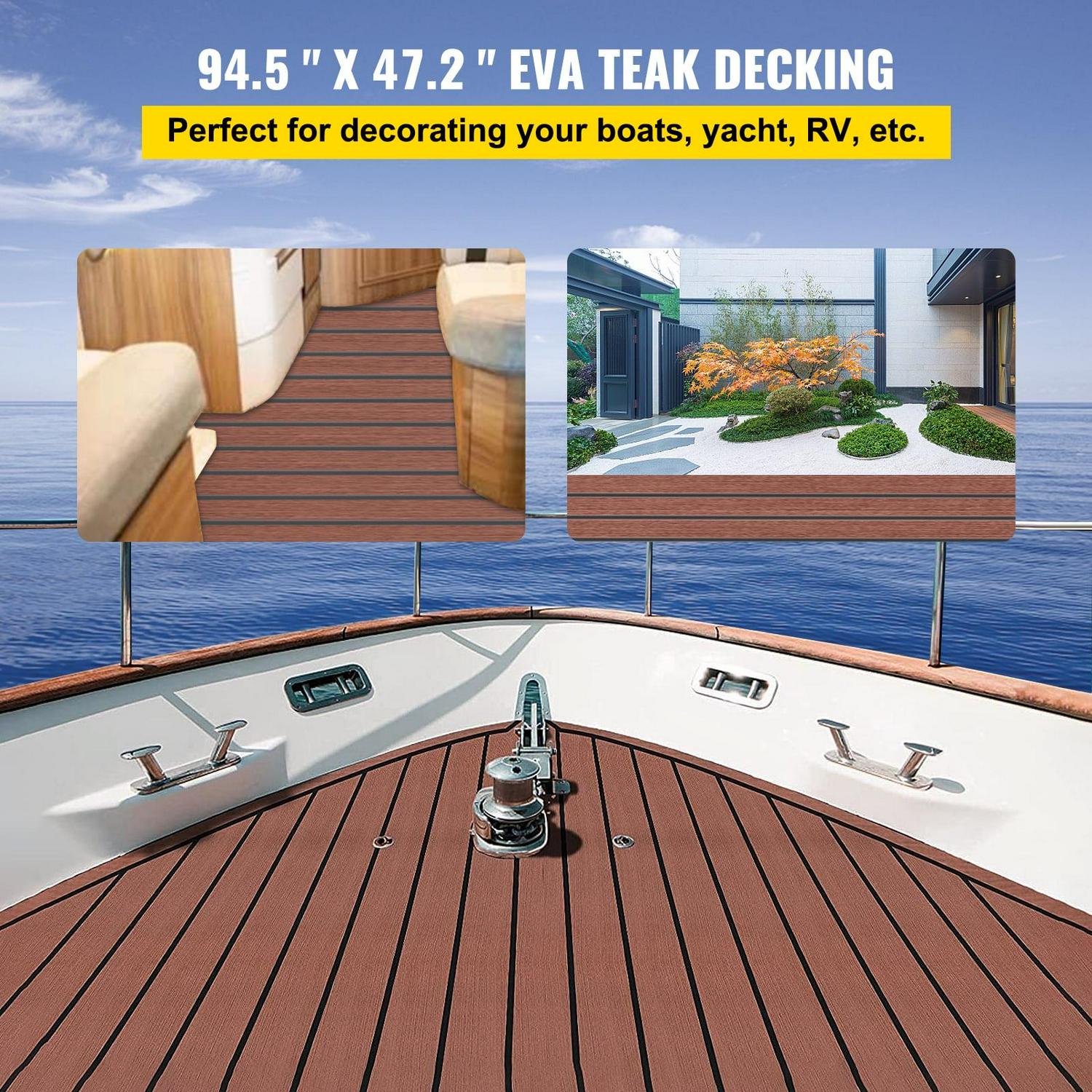 VEVOR EVA Foam Faux Teak Boat Decking Sheet 94.5 In. x 47.2 In.6 mm Thick Non-Skid Self-Adhesive for Marine Yacht RV Swimming Pool Garden Boat Flooring Sheet Dark Brown + Black Seam, Boat Accessories - Image 2
