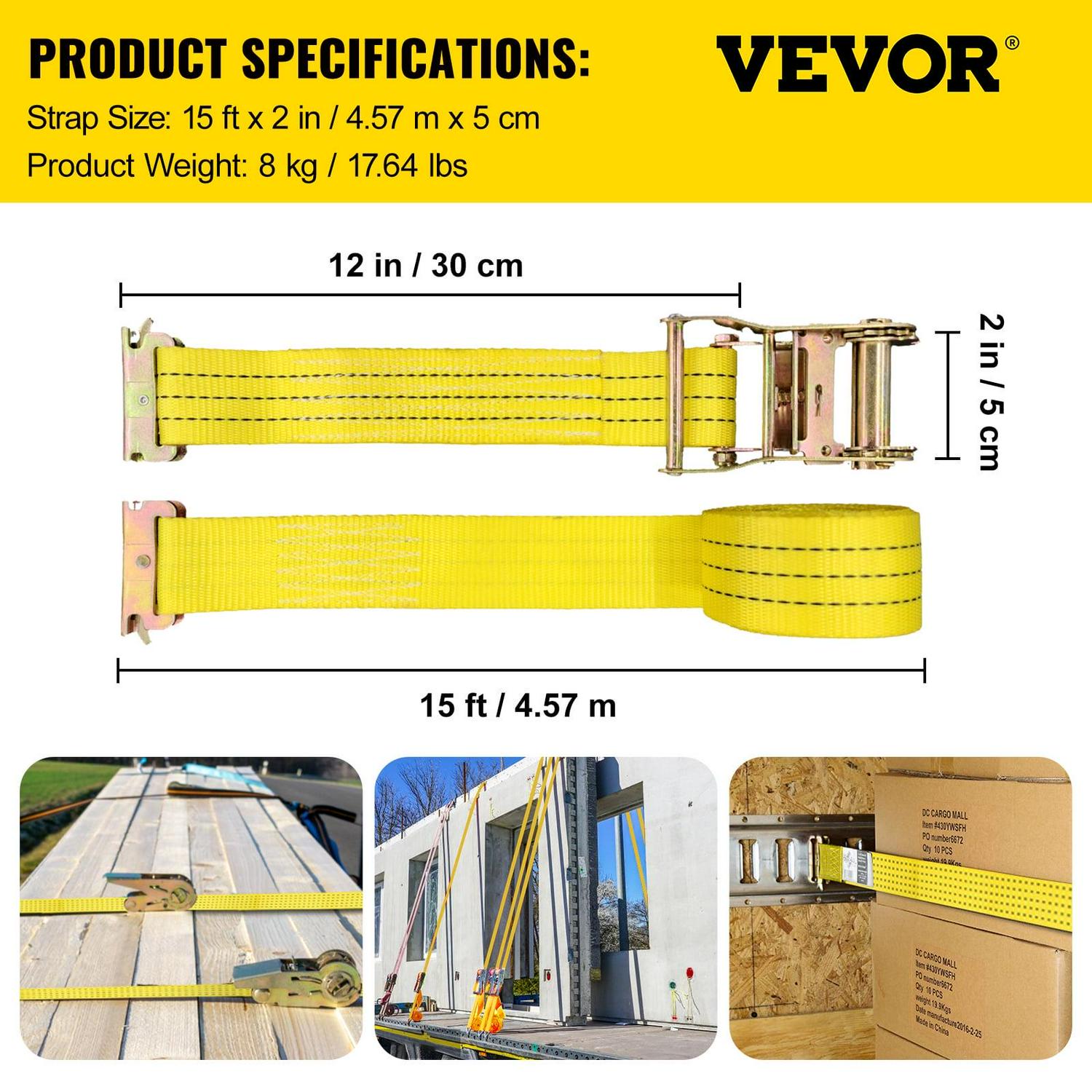 VEVOR E-Track Ratchet Strap, 8 Pack 2" x 15' E Track Straps 4400 lbs Breaking Strength, w/ Polyester Webbing & Spring Fitting & Ratchets, Durable Tie-Downs for Motorcycles, Tire, Trailer Loads - Image 7