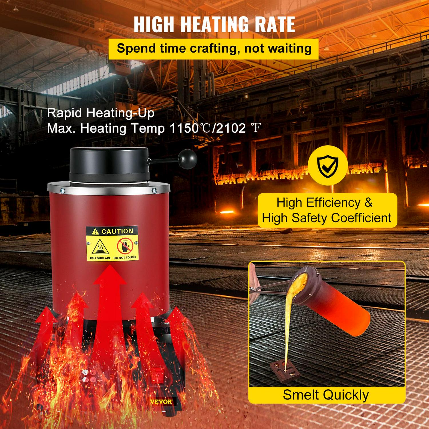 VEVOR Electric Melting Furnace, 3kg Digital Electric Melting Furnace, 1750w 1150℃/2102 ℉ Gold Smelter Furnace W/ Graphite Crucible Casting Refining Jewelry Precious Metals Gold Silver Copper Aluminum - Image 5