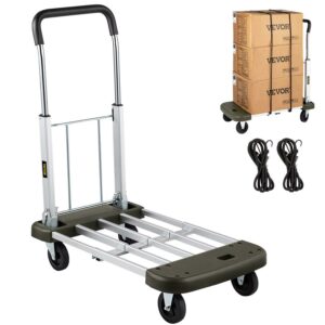 VEVOR Folding Hand Cart, 330 lbs/150 kg Capacity Heavy Duty Luggage Truck w/ 4 Wheels, Solid Construction Aluminum Alloy Flatform Dolly, Foldable & Portable Platform Carts for Luggage Travel Shopping