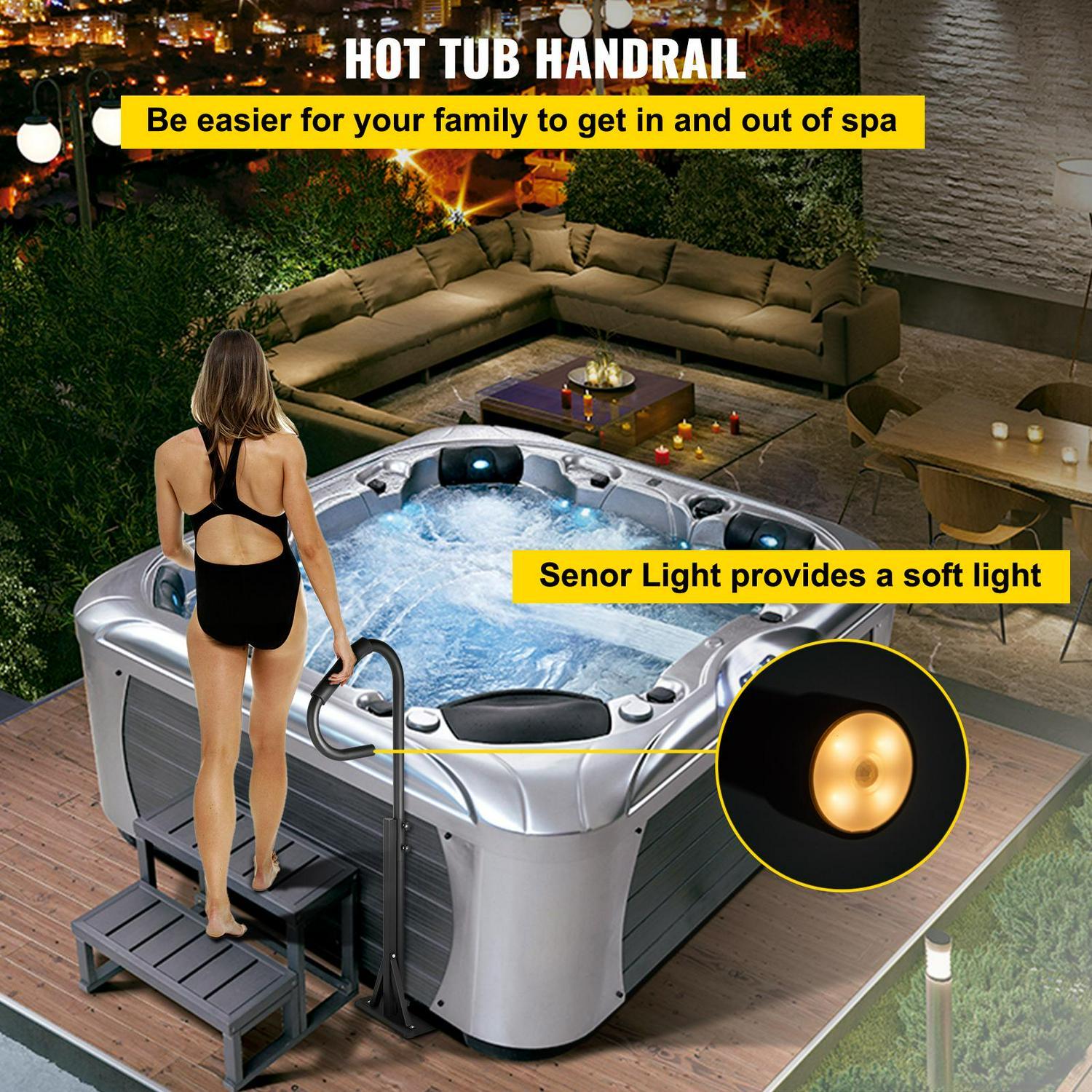 VEVOR Hot Tub Handrail, 56" Spa Side Handrail with Slide-under Mount Base, 600 LBS Load Spa Step Hot Tub, Stainless Steel Spa Side Step, Spa Side Under Mount Rail with Sensor Light for Indoor, Outdoor - Image 2