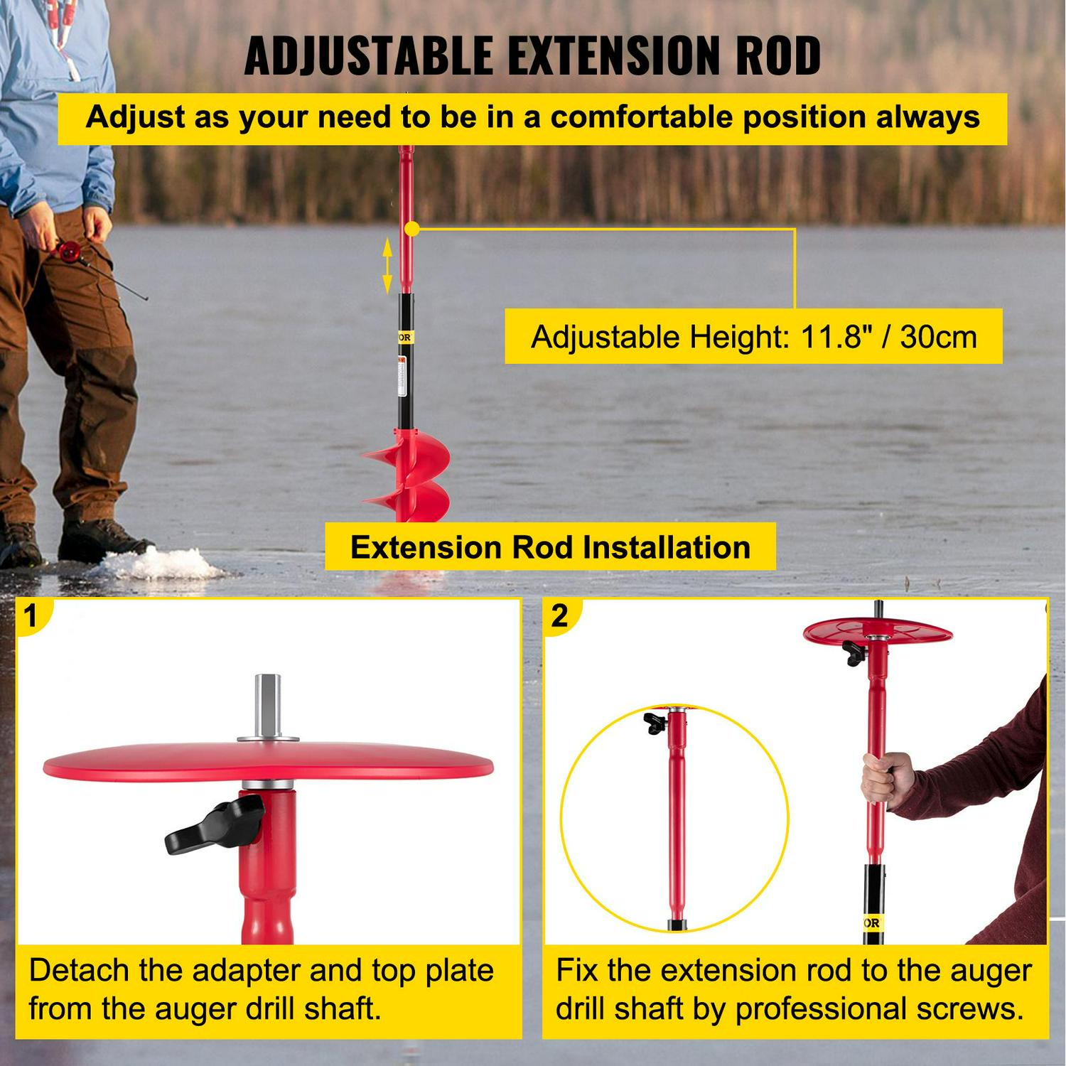 VEVOR Ice Drill Auger, 6'' Diameter Nylon Ice Auger, 39'' Length Ice Auger Bit,Auger Drill with 11.8" Extension Rod,Auger Bit w/ Drill Adapter,Top Plate & Blade Guard for Ice Fishing Ice Burrowing Red - Image 6