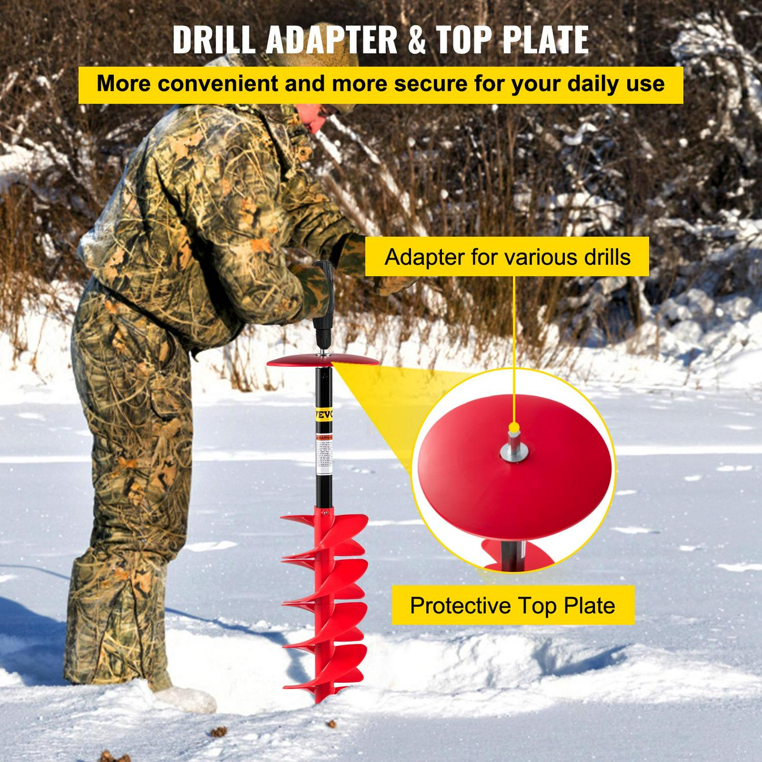 VEVOR Ice Drill Auger, 6'' Diameter Nylon Ice Auger, 39'' Length Ice Auger Bit,Auger Drill with 11.8" Extension Rod,Auger Bit w/ Drill Adapter,Top Plate & Blade Guard for Ice Fishing Ice Burrowing Red - Image 5