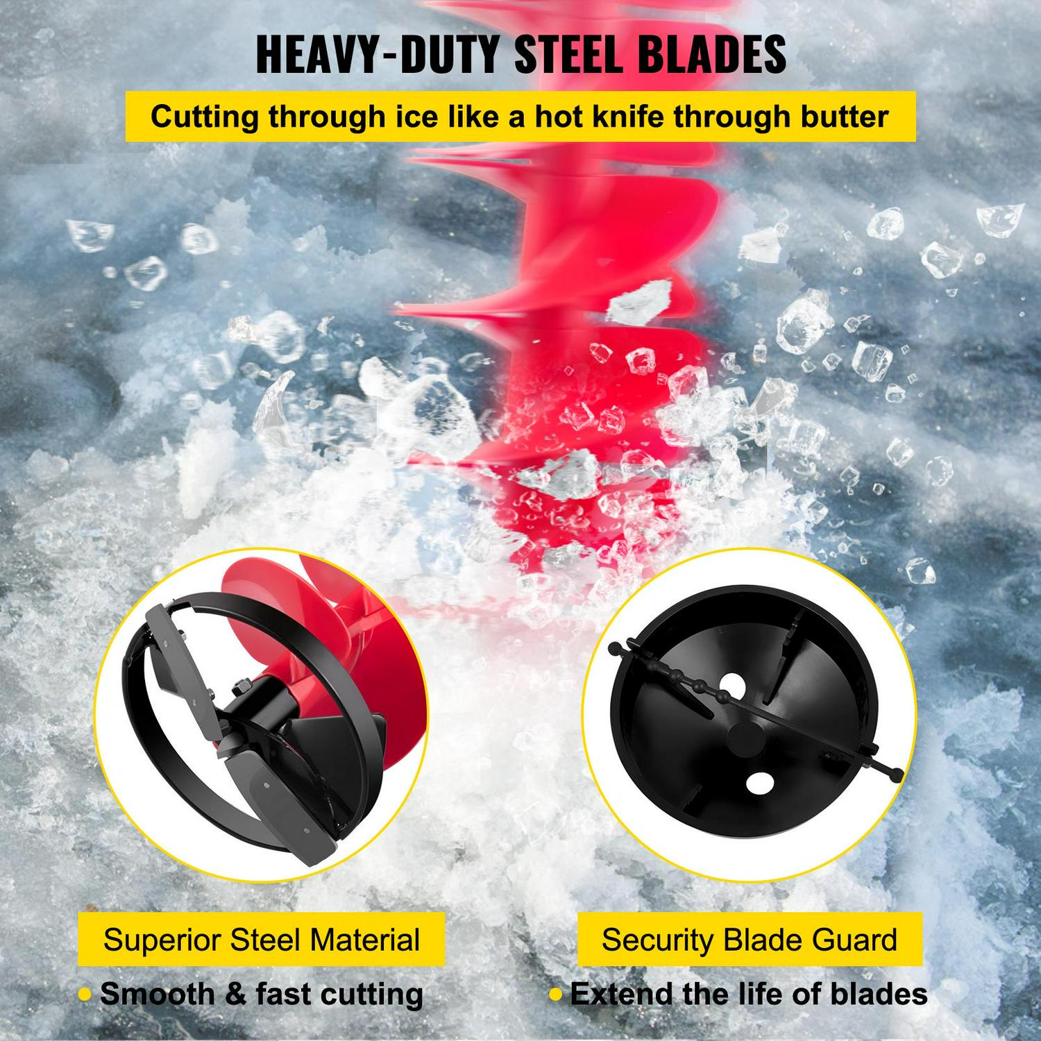 VEVOR Ice Drill Auger, 6'' Diameter Nylon Ice Auger, 39'' Length Ice Auger Bit,Auger Drill with 11.8" Extension Rod,Auger Bit w/ Drill Adapter,Top Plate & Blade Guard for Ice Fishing Ice Burrowing Red - Image 4