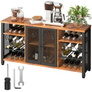 VEVOR Industrial Bar Cabinet, Wine Table for Liquor and Glasses with Glass Holder, Wine Rack and Metal Sideboard, Farmhouse Wood Coffee Bar Cabinet for Living Room, Home Bar (55 Inch, Rustic Oak)