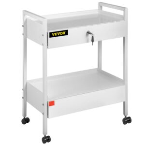 VEVOR Lab Cart, 2 Tiers Lab Trolley, Steel Lab Utility Cart, 360° Rolling Lab Cart, Locking Drawer Stainless Steel Lab Cart, Iron Frame Laboratory Cart, White Paint Lab Serving Cart for Laboratory