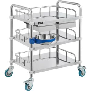 VEVOR Lab Cart 3 Layers Dental Cart Double Drawers Stainless Steel Cart 1 Refuse Basin Lab Utility Cart w/Silent Omnidirectional Wheels Stainless Utility Cart for Laboratory Hotel Restaurant Home Use