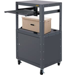 VEVOR Metal AV Cart w/Cabinet 3-Shelf, Presentation Cart with Keyboard Tray, Media Cart Stands Power Strip w/Electric Height Adjustable