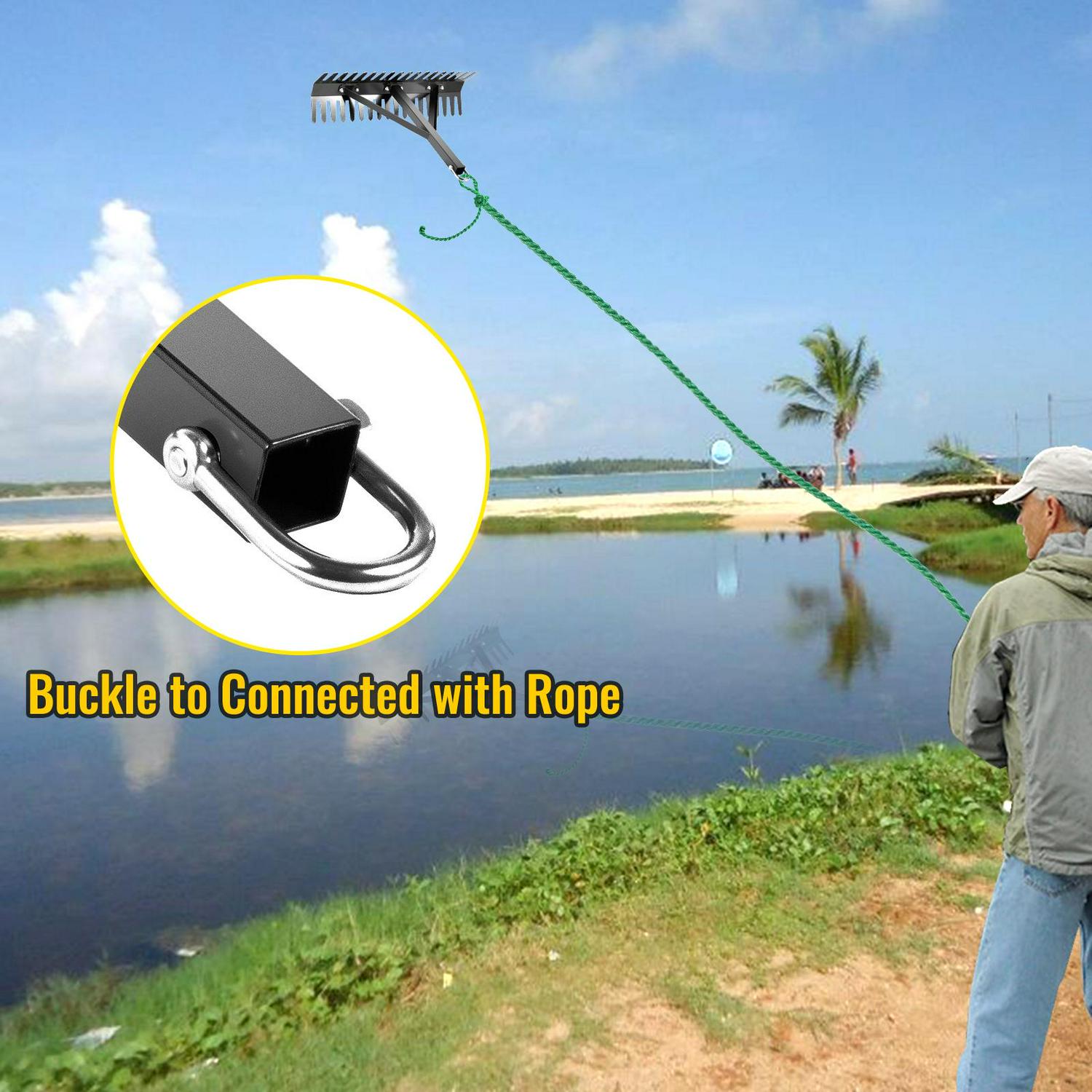 VEVOR Pond Rake, 16 inch Aquatic Weed Rake, Double Sided Lake Weed Cutter, Clean Aquatic Weeds Muck Silt Lake Rakes, Weed Rakes Tool for Lake Pond Beach Landscaping, Lake Weed Rake with 66ft Rope - Image 5