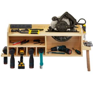 VEVOR Power Tool Organizer, Wall Mount Drill Holder, 4 Drill Hanging Slots Drill Charging Station, 3-Shelf Cordless Drill Storage, Polished Wooden Toolbox for Saw, Impact Wrench, Screwdriver Drill