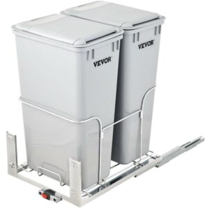 VEVOR Pull-Out Trash Can, 43Qt Double Bins, Under Mount Waste Container with Soft-Close Slides, 176 lbs Load Capacity & Door-Mounted Brackets, Garbage Recycling Bin with Lids for Kitchen Cabinet, Grey