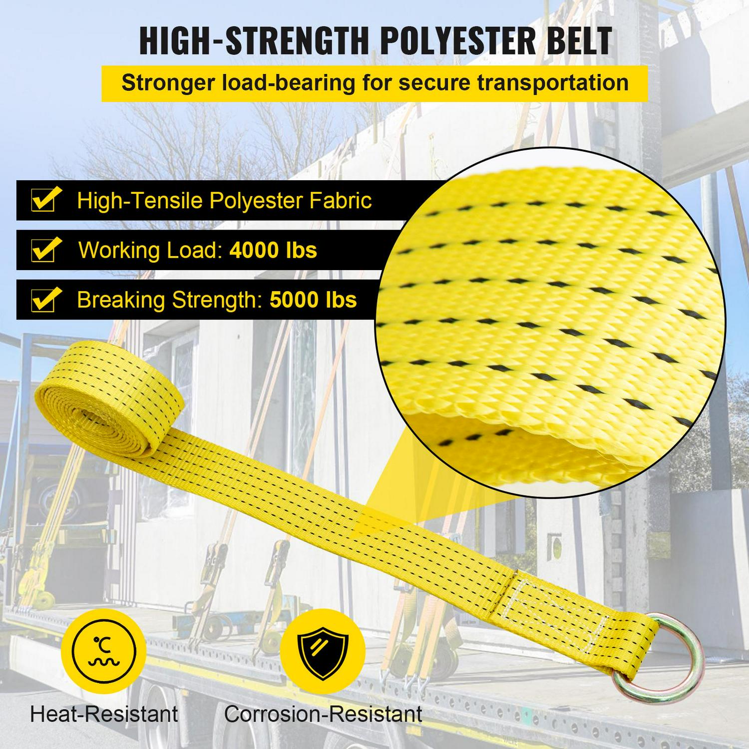 VEVOR Ratchet Tie Down Strap, 9.8ft x 2in Polyester Ratchet Strap 4000 lbs Working Load, 4 PCs Heavy Duty Car Strap Single Hook, Car Tie Down Strap with Chain Anchors, Security Fastening, Yellow - Image 3
