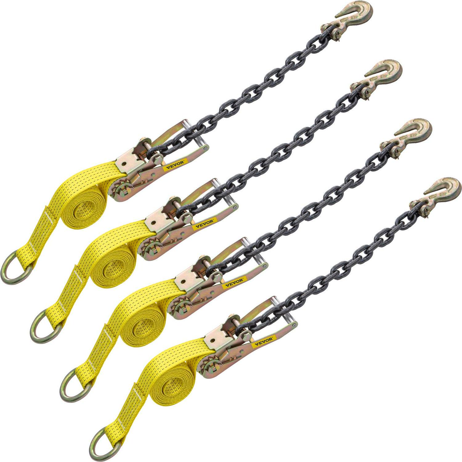 VEVOR Ratchet Tie Down Strap, 9.8ft x 2in Polyester Ratchet Strap 4000 lbs Working Load, 4 PCs Heavy Duty Car Strap Single Hook, Car Tie Down Strap with Chain Anchors, Security Fastening, Yellow - Image 9