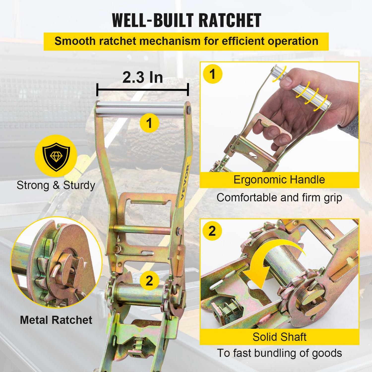 VEVOR Ratchet Tie Down Strap, 15.6ft x 2in Polyester Ratchet Strap 4000 lbs Working Load, 12 PCs Heavy Duty Car Strap w/ Double Hooks, Car Tie Down Strap with Chain Anchors, Security Fastening, Orange - Image 4