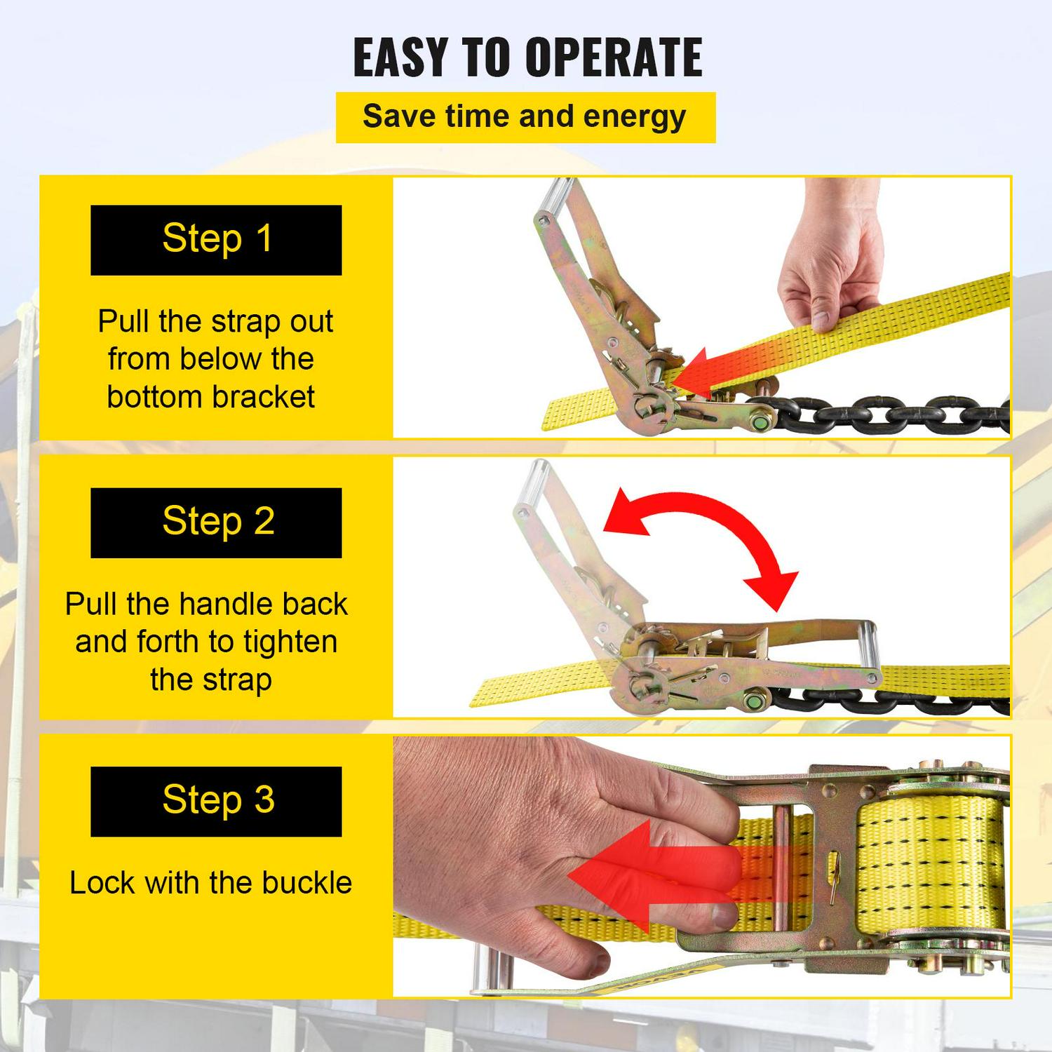 VEVOR Ratchet Tie Down Strap, 9.8ft x 2in Polyester Ratchet Strap 4000 lbs Working Load, 4 PCs Heavy Duty Car Strap Single Hook, Car Tie Down Strap with Chain Anchors, Security Fastening, Yellow - Image 6