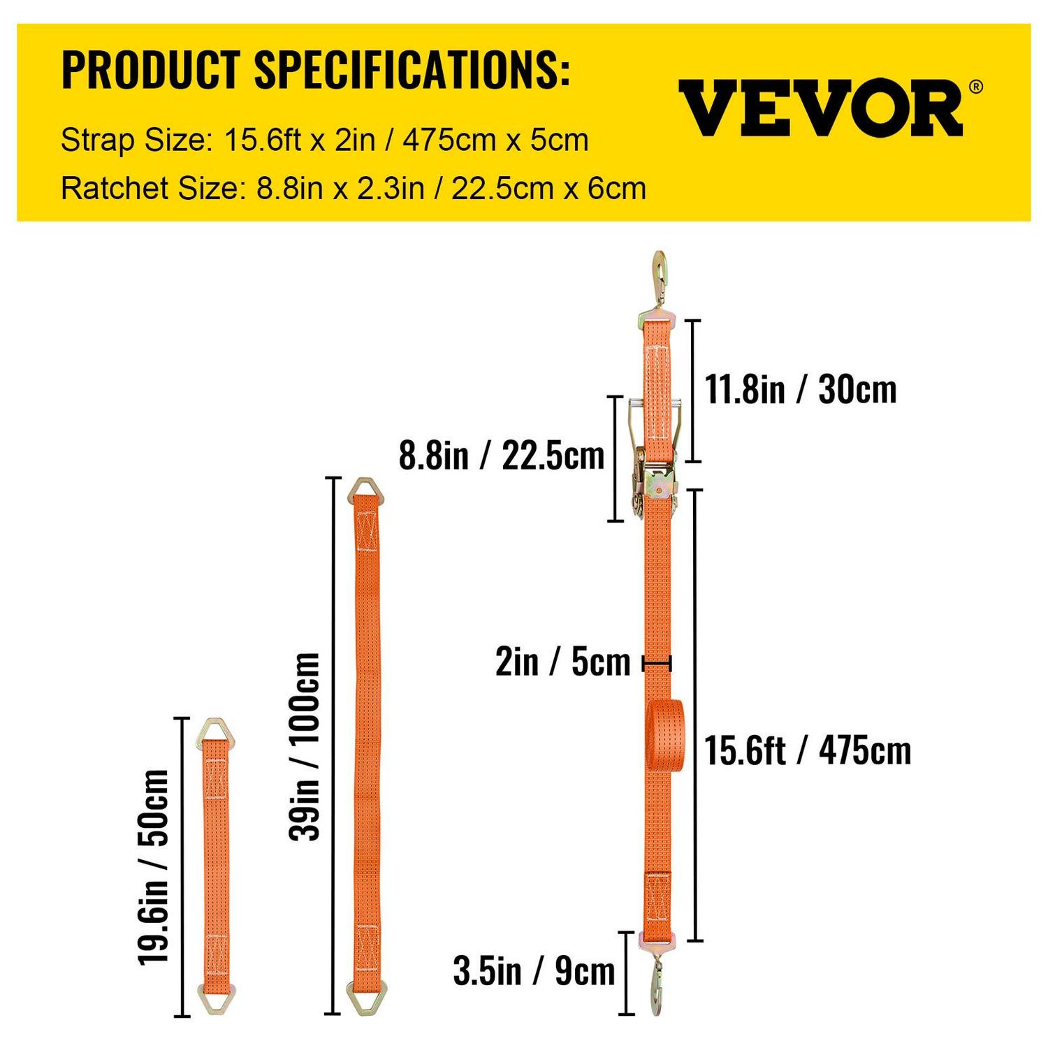 VEVOR Ratchet Tie Down Strap, 15.6ft x 2in Polyester Ratchet Strap 4000 lbs Working Load, 12 PCs Heavy Duty Car Strap w/ Double Hooks, Car Tie Down Strap with Chain Anchors, Security Fastening, Orange - Image 7