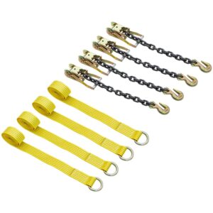 VEVOR Ratchet Tie Down Strap, 9.8ft x 2in Polyester Ratchet Strap 4000 lbs Working Load, 4 PCs Heavy Duty Car Strap Single Hook, Car Tie Down Strap with Chain Anchors, Security Fastening, Yellow