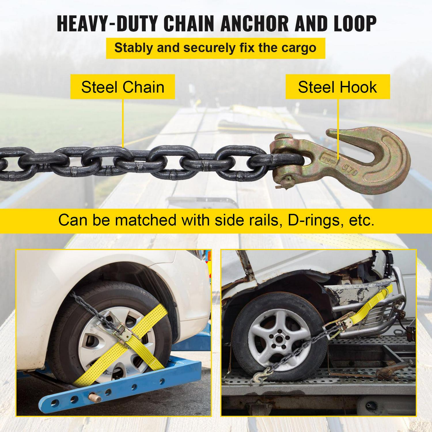 VEVOR Ratchet Tie Down Strap, 9.8ft x 2in Polyester Ratchet Strap 4000 lbs Working Load, 4 PCs Heavy Duty Car Strap Single Hook, Car Tie Down Strap with Chain Anchors, Security Fastening, Yellow - Image 5