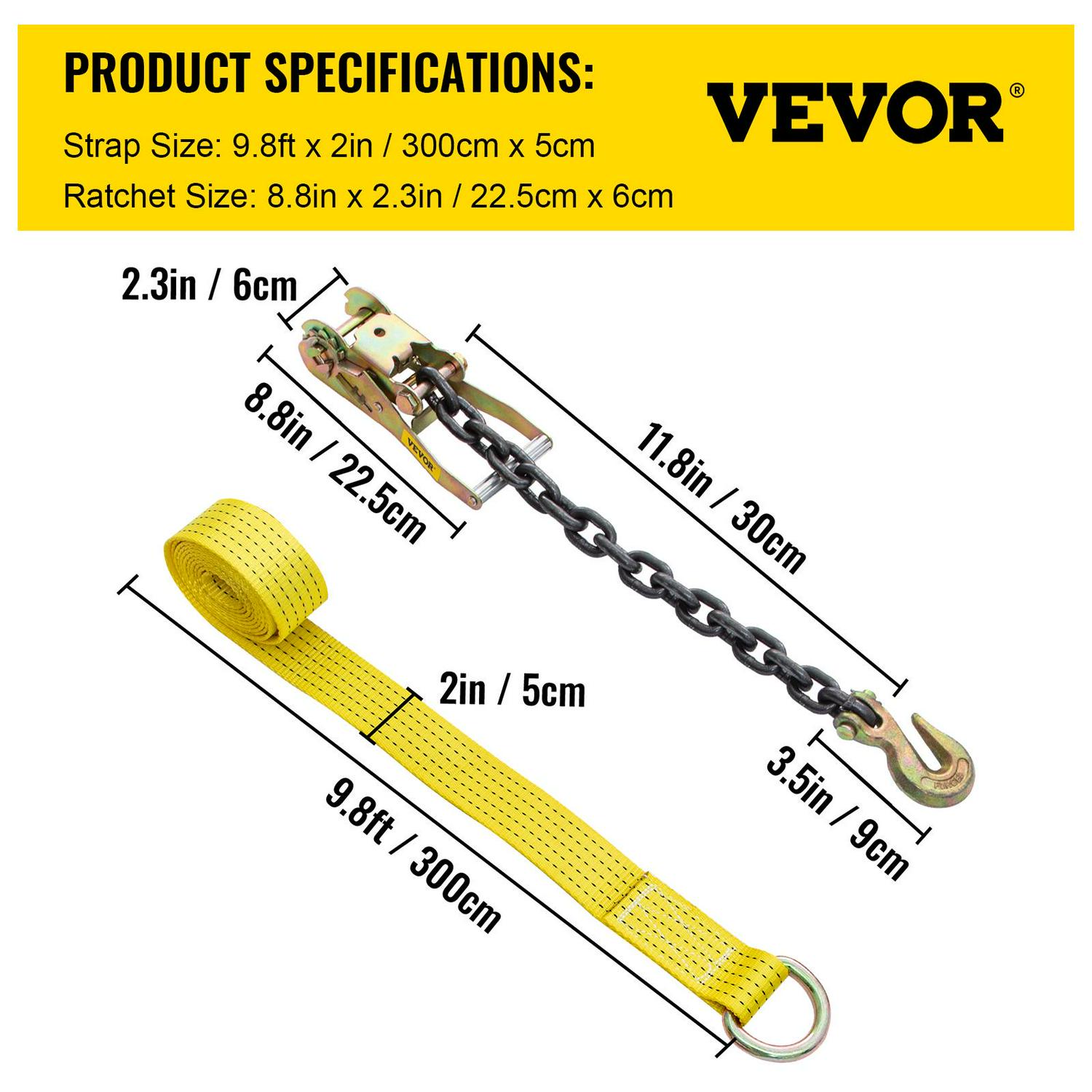 VEVOR Ratchet Tie Down Strap, 9.8ft x 2in Polyester Ratchet Strap 4000 lbs Working Load, 4 PCs Heavy Duty Car Strap Single Hook, Car Tie Down Strap with Chain Anchors, Security Fastening, Yellow - Image 7