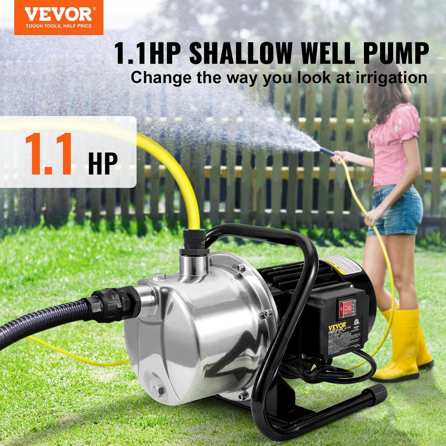 VEVORShallow Well Pump, 1.1 HP 115V, 978 GPH 131 ft Height, 69.6psi Max Pressure, Portable Stainless Steel Sprinkler Booster Jet Pumps for Garden Lawn Irrigation system, Lake Fountain, Water Transfer - Image 2