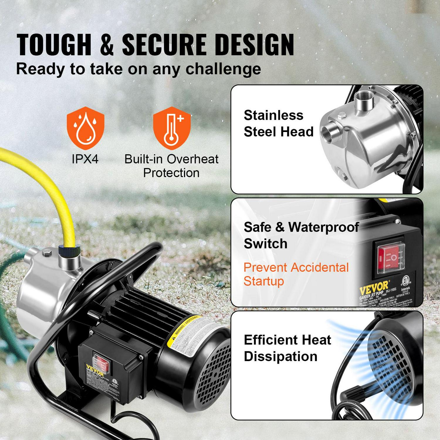 VEVORShallow Well Pump, 1.1 HP 115V, 978 GPH 131 ft Height, 69.6psi Max Pressure, Portable Stainless Steel Sprinkler Booster Jet Pumps for Garden Lawn Irrigation system, Lake Fountain, Water Transfer - Image 4