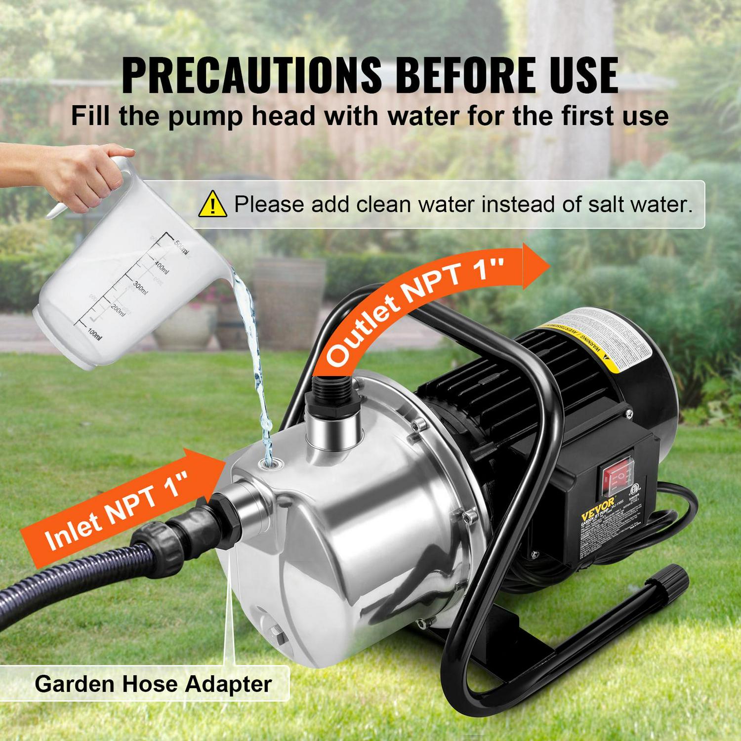 VEVORShallow Well Pump, 1.1 HP 115V, 978 GPH 131 ft Height, 69.6psi Max Pressure, Portable Stainless Steel Sprinkler Booster Jet Pumps for Garden Lawn Irrigation system, Lake Fountain, Water Transfer - Image 6