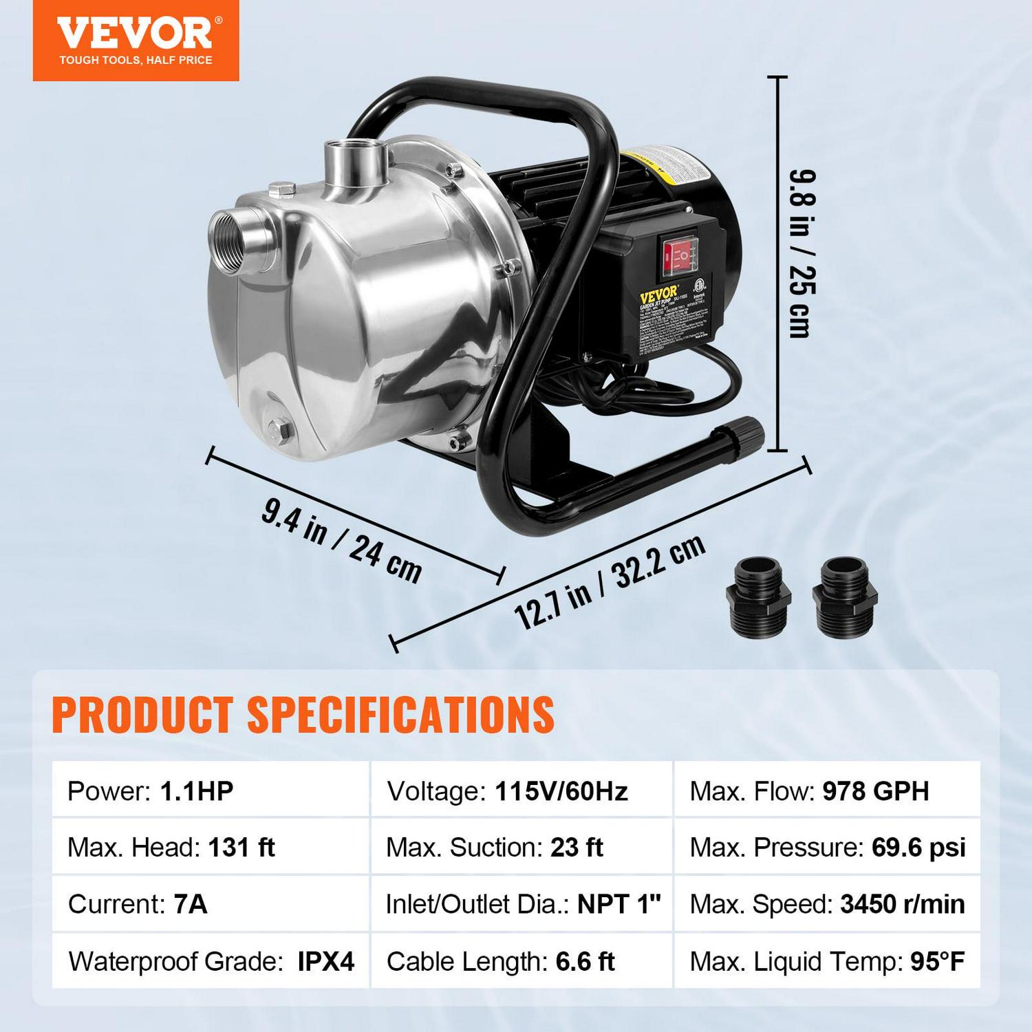 VEVORShallow Well Pump, 1.1 HP 115V, 978 GPH 131 ft Height, 69.6psi Max Pressure, Portable Stainless Steel Sprinkler Booster Jet Pumps for Garden Lawn Irrigation system, Lake Fountain, Water Transfer - Image 7