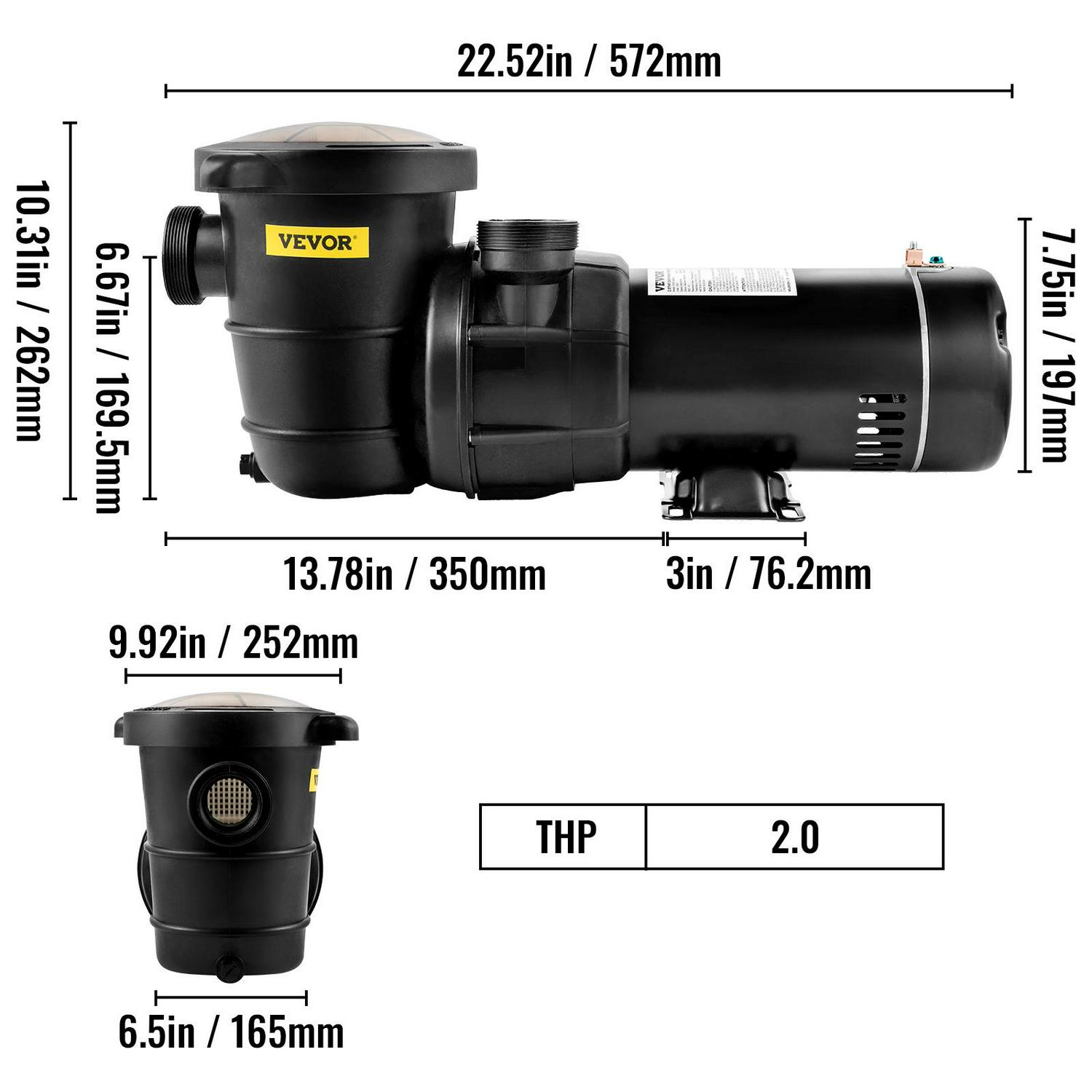 VEVOR 2HP Pool Pump for Above Ground Pool, 5400GPH Max. Flow and Max Lift of 43ft, Single Speed Pool Pumps with Strainer Basket, 1500W, ETL Certificated - Image 8