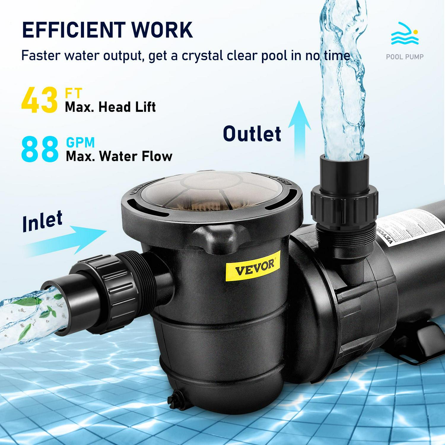 VEVOR 2HP Pool Pump for Above Ground Pool, 5400GPH Max. Flow and Max Lift of 43ft, Single Speed Pool Pumps with Strainer Basket, 1500W, ETL Certificated - Image 6
