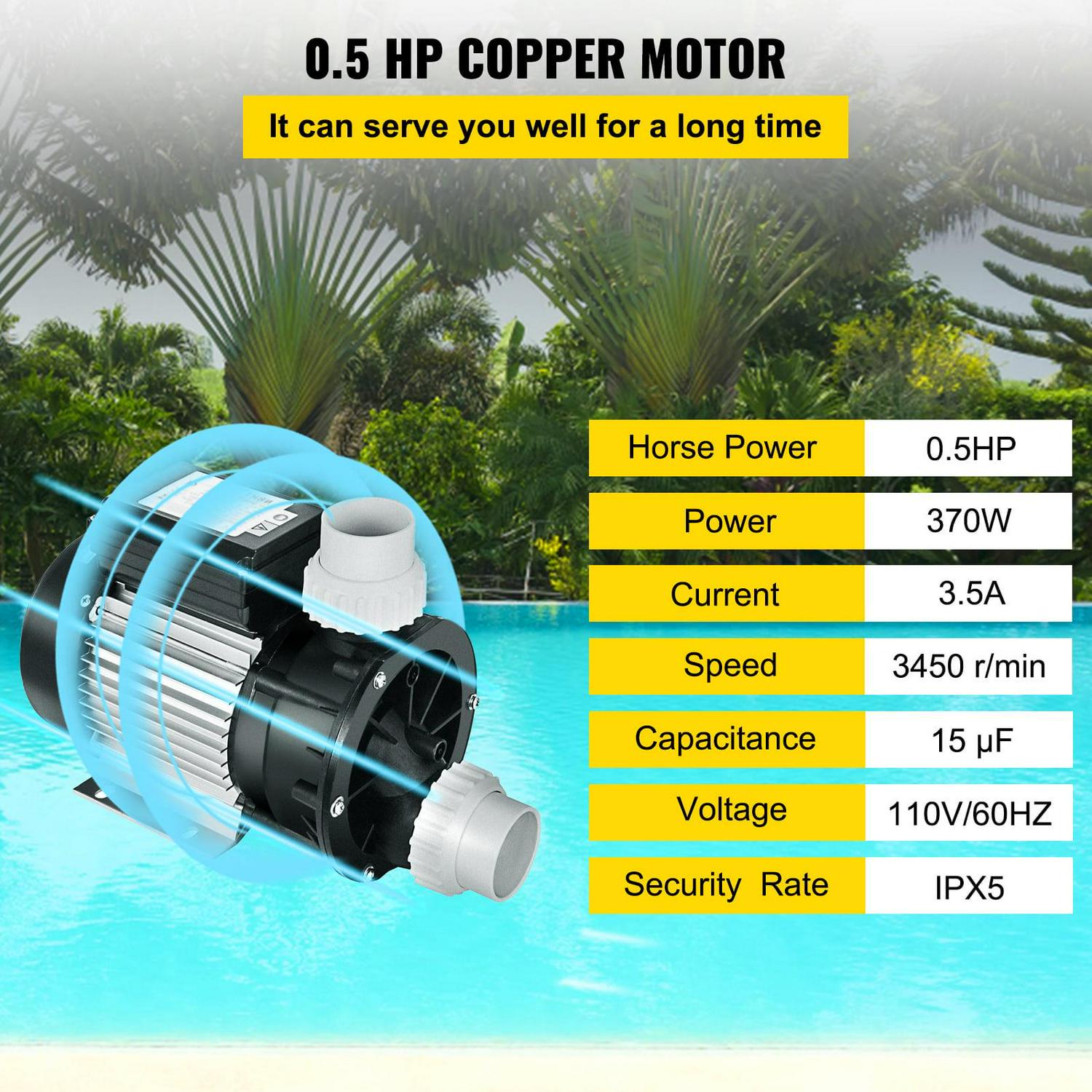 VEVOR Swimming Pool Pump 1/2 HP 110V Hot Tub Pump 0.37 Kw Water Circulation Pool Pump Spa Pump Above Ground Pool and Whirlpool Bath - Image 3