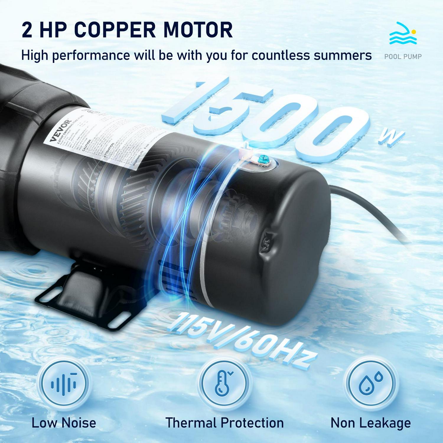 VEVOR 2HP Pool Pump for Above Ground Pool, 5400GPH Max. Flow and Max Lift of 43ft, Single Speed Pool Pumps with Strainer Basket, 1500W, ETL Certificated - Image 4